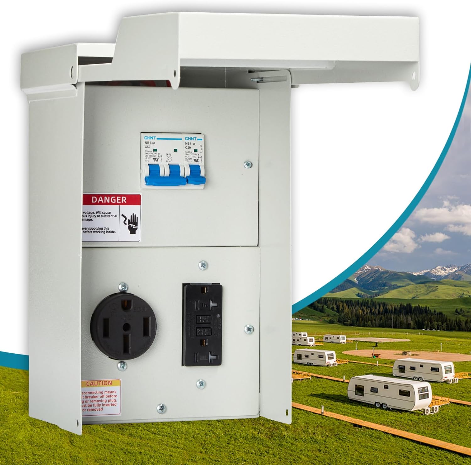 Temporary Power Outlet Panel - Prewired 50 Amp RV Outlet Box & 20 Amp GFCI Outlet, Lockable Outdoor RV Power Outlet Box, Weatherproof Breaker Box for RV Hookup Camper Travel Trailer Motorhome