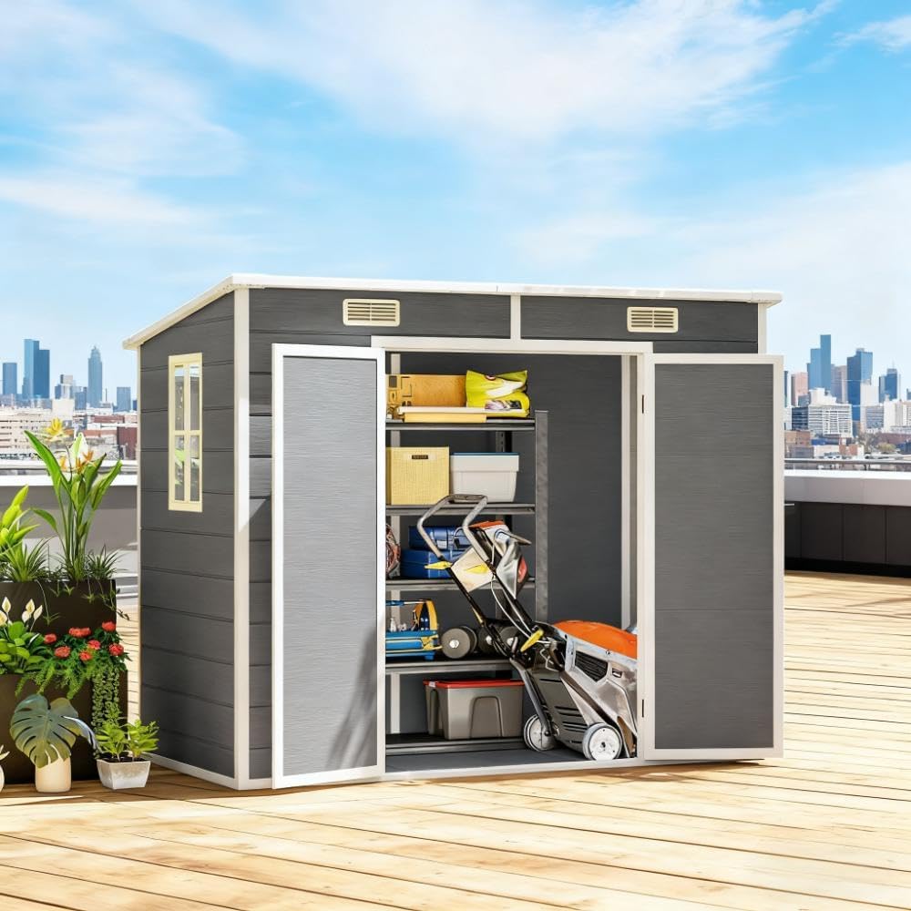 Outdoor Storage Shed Waterproof Metal Garden Tool Bike Sheds Kit Lean to Shed Backyard Storage Building Cabinet House Small Storage Shed with Floor Included,Gray