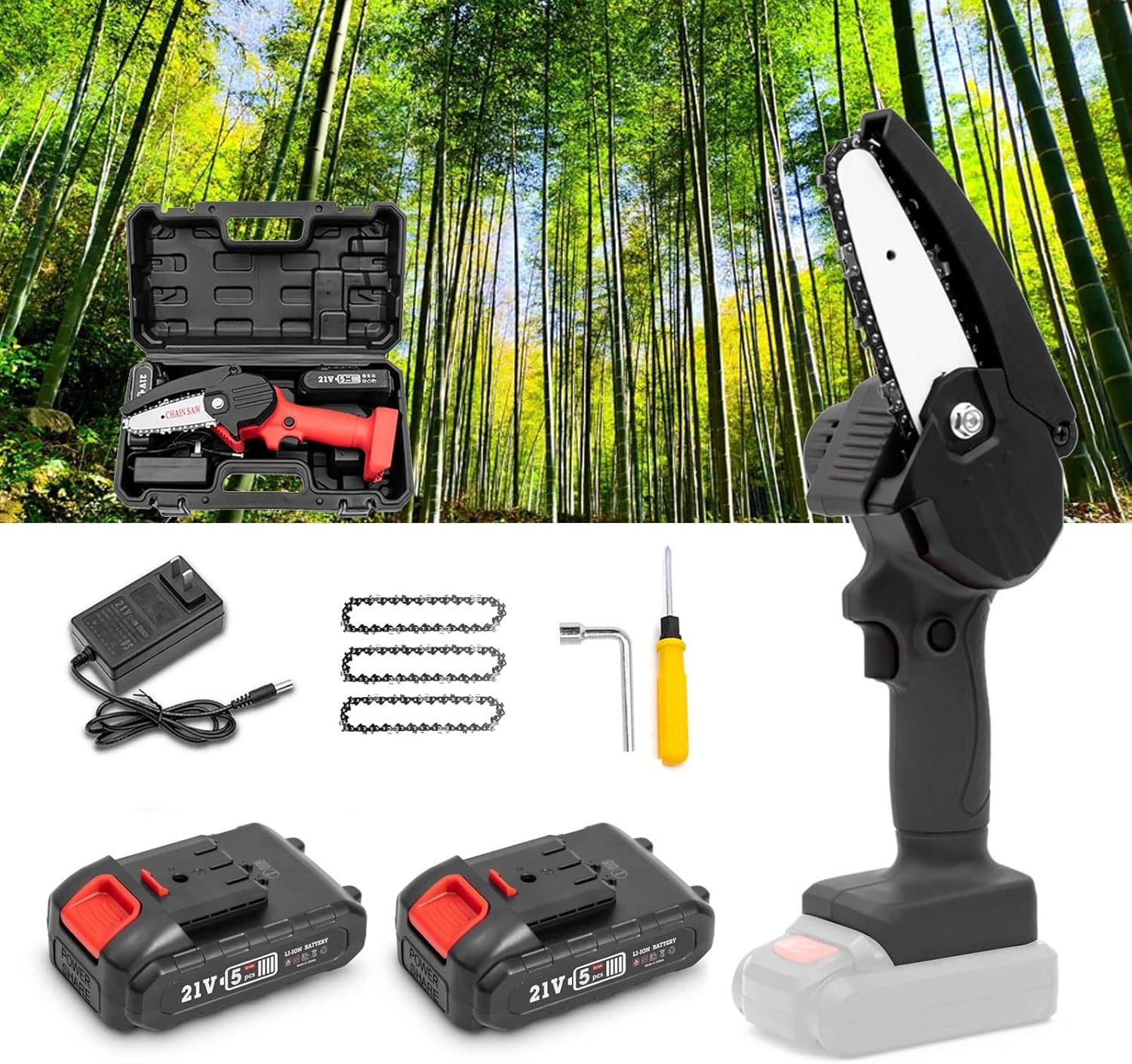 Cordless Mini Chainsaw 4-Inch with Security Lock,Power Chain saws with 1500mAh 21V 1.5Ah 2 Batteries Powered Kit and 4Pcs Chains,for Tree Trimming Wood Cutting