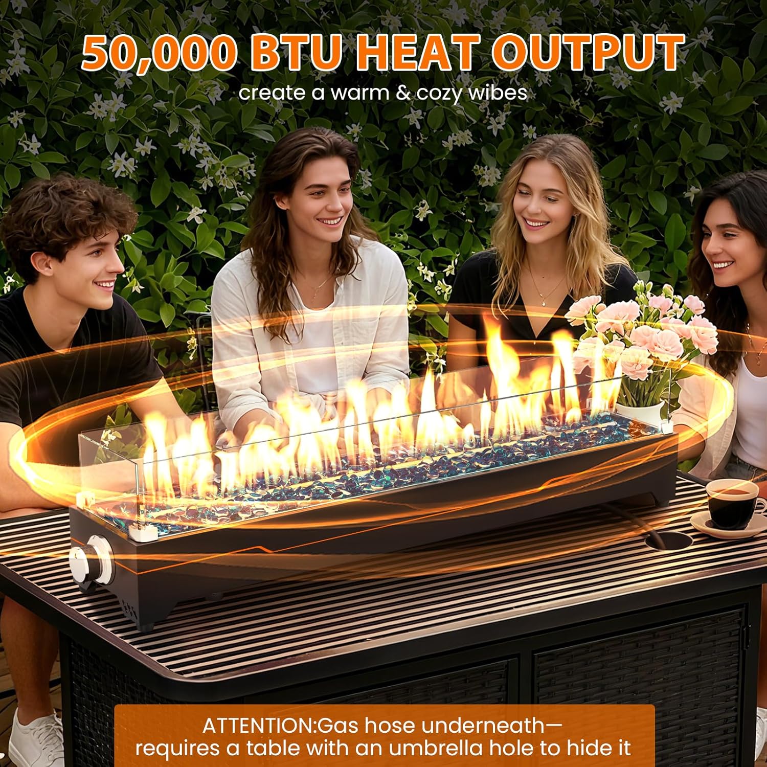 GRISUN Tabletop Fire Pit,36 Inch Propane Fire Pit Table,50000 BTU Table Top Firepit with Glass Wind Guard,Stainless Steel Burner,Fire Glass,Portable Propane fire Pit for Patio, Camping, Backyard & RV