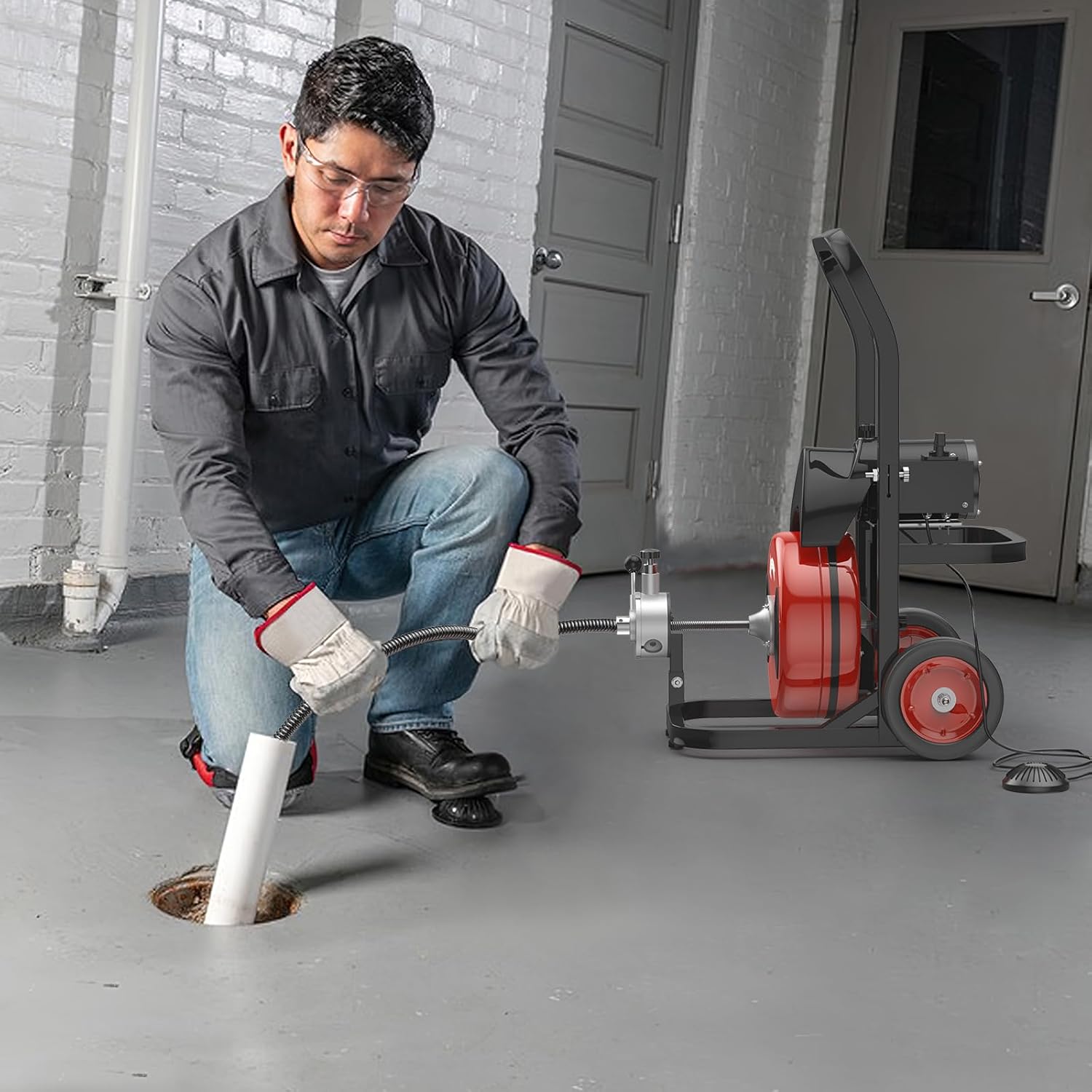 Drain Cleaner Machine, 100FT x 1/2 Inch Auto Feed Sewer Snake Auger, 450W Electric Drain Auger, Sewer Snake with 6 Cutters and Pneumatic Foot Switch, for 2