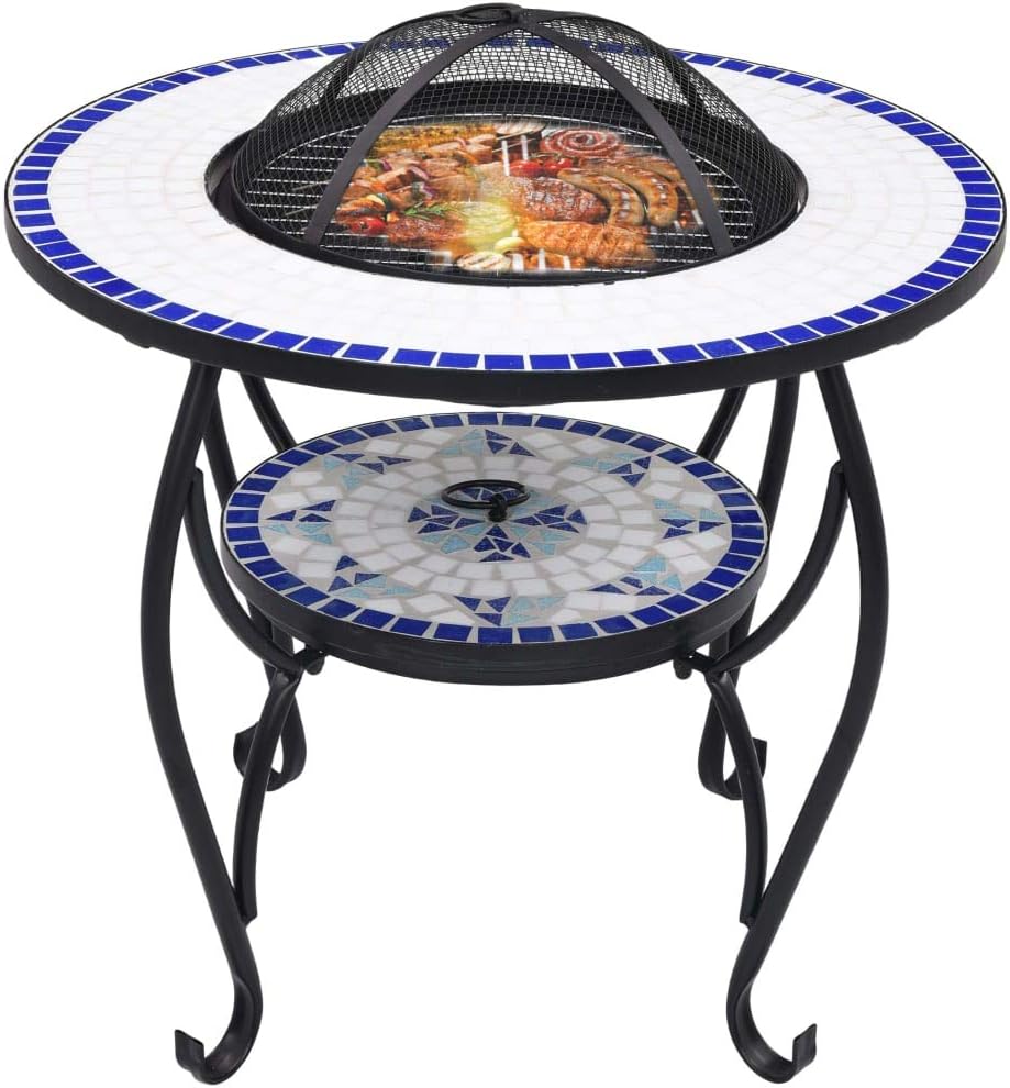 Mosaic Ceramic Fire Bowl Blue and White 68 cm Outdoor Fire Pit Garden Fire Pit Fire Bowl Black for Garden Terrace Blue