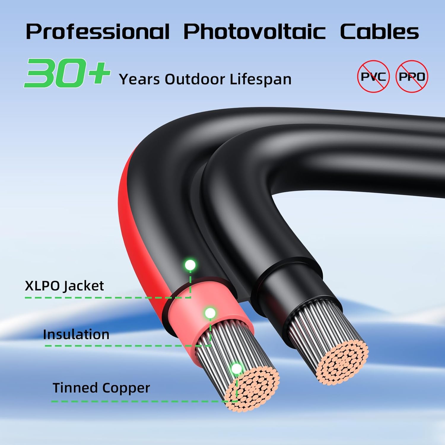 Bateria Power 50 Feet 10AWG Solar Panel Extension Cable 6mm² with Female & Male Connectors, 10 Gauge Twin Wire Conductor Parallel Solar Wire Adapter for RV, Photovoltaic Systems