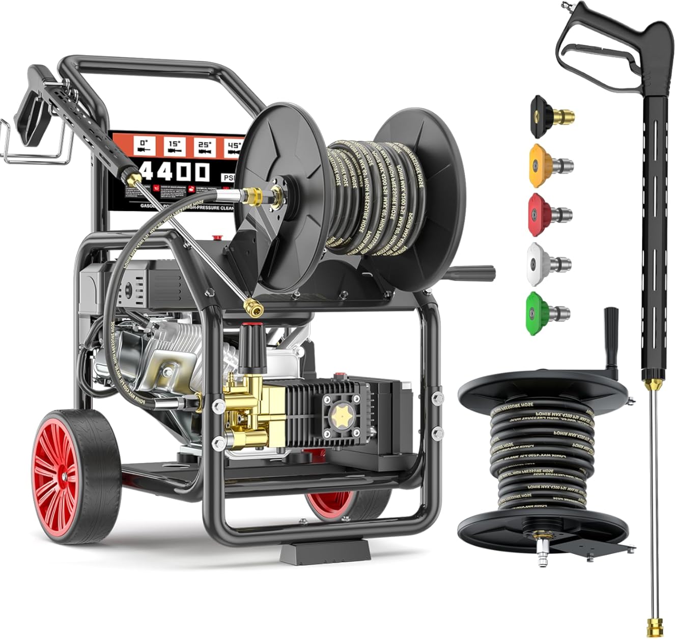 15HP Gas Powered Pressure Washer 4400 PSI 4 GPM, with Spray Gun and Extension Wand, 5 Quick Connect Nozzles, Aluminum Axial Camp Pump