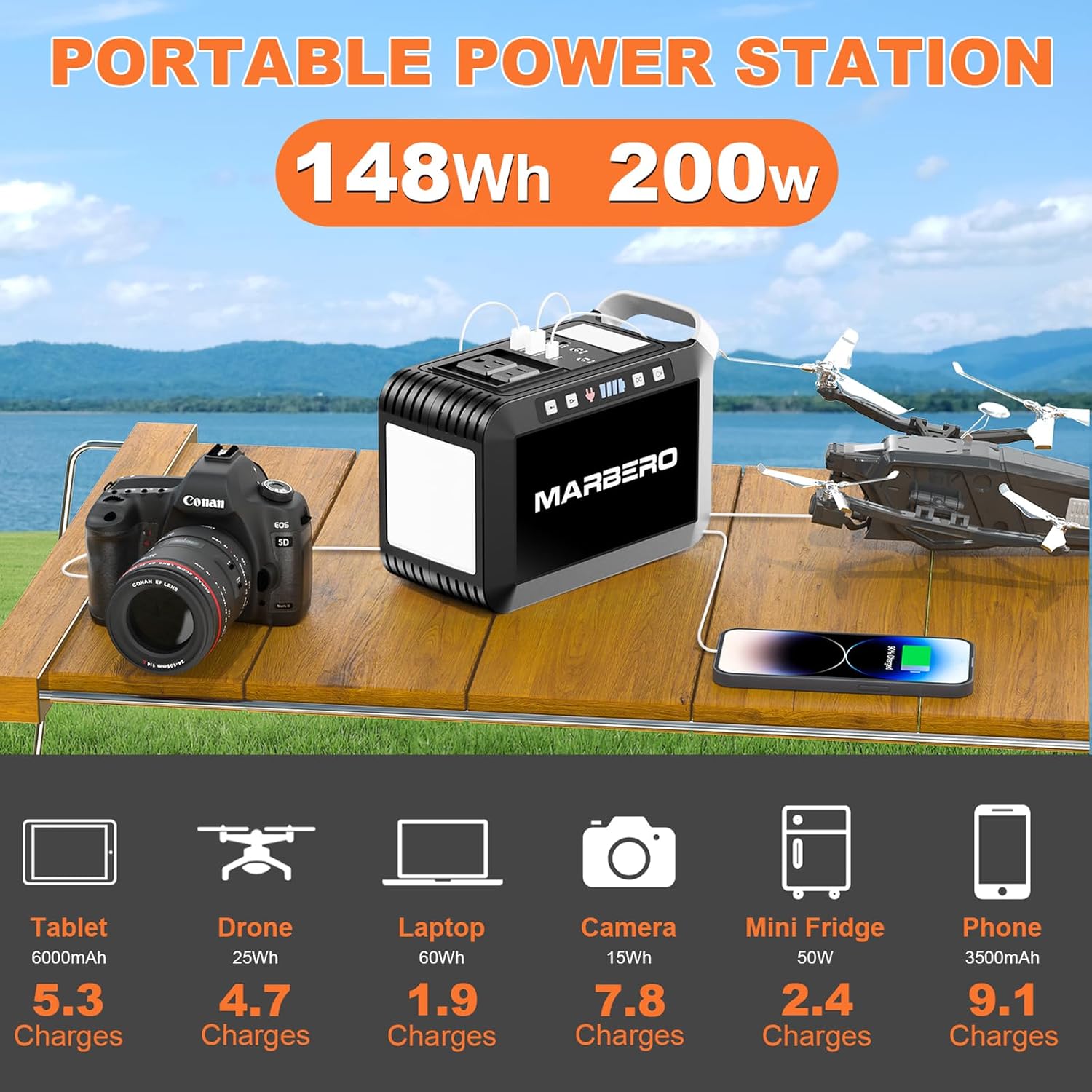 MARBERO Solar Generator 148Wh Portable Power Station with Solar Panel 40W Included Solar Power Bank with AC Outlet 200W Surge for Home Outages Camping Outdoor Adventure Emergency