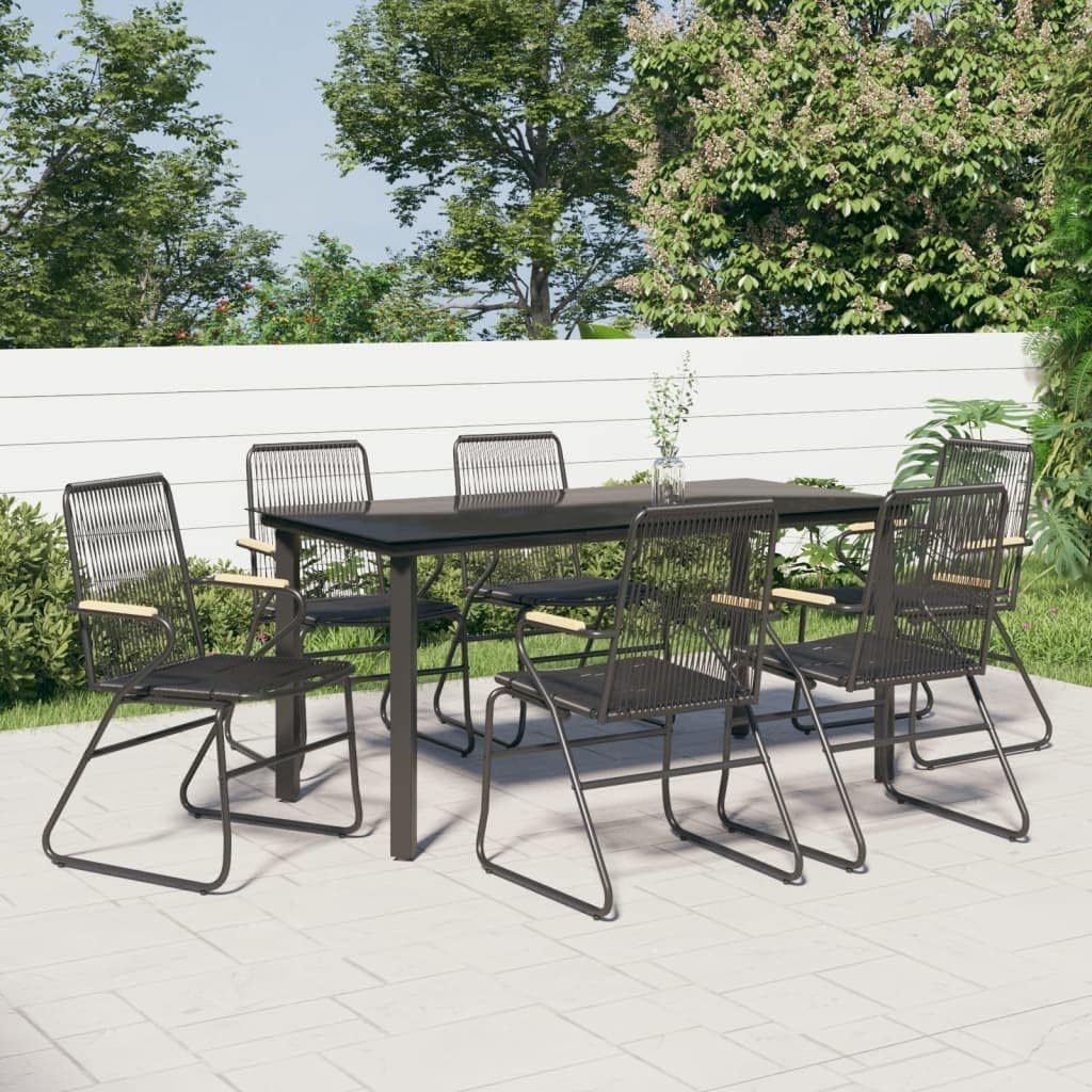 7-Piece Garden Dining Set, Black Powder-Coated Steel Frame, Rectangular Tempered Glass Table, 6 PVC Fabric Chairs, Outdoor Patio Furniture for Dining
