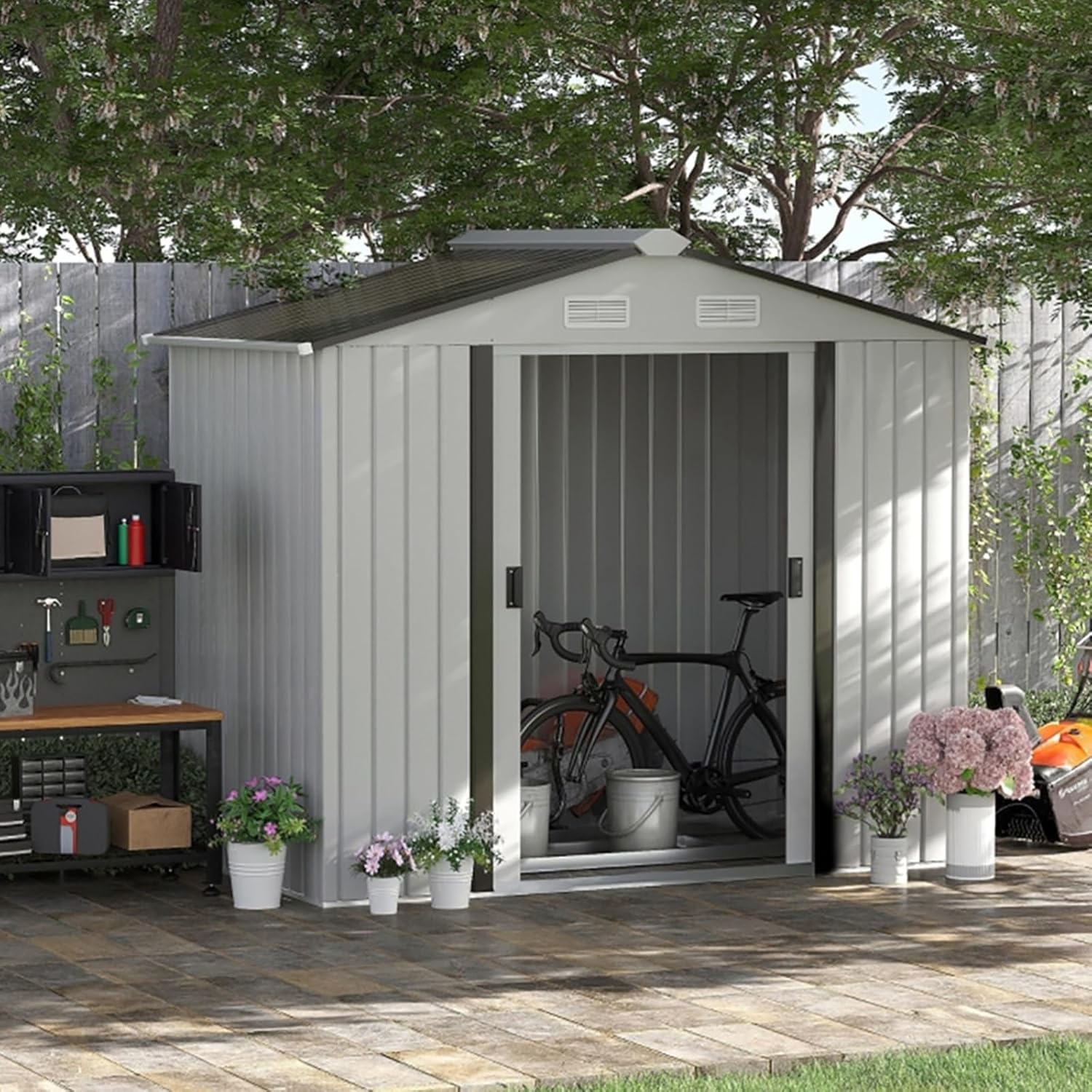 Outdoor Storage Shed Waterproof, 7' x 4' Garden Shed Organizer with 4 Vents,Outdoor Storage Cabinet Tool House for Bike, Garbage Can, Tool, Lawnmower, Outdoor Metal Shed for Backyard, Patio,White