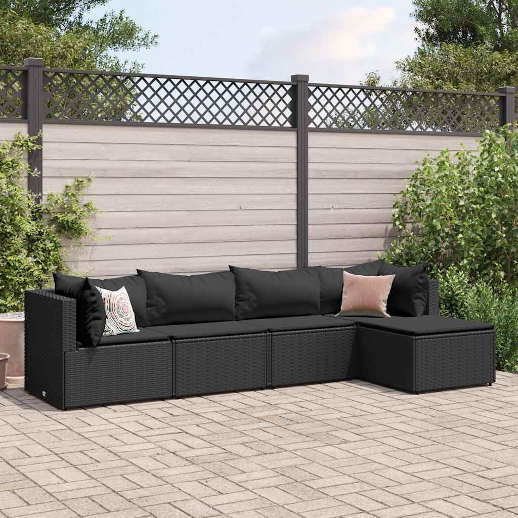 5 Piece Patio Lounge Set with Cushions Black Poly Rattan, Patio Furniture Sets, Outdoor Furniture
