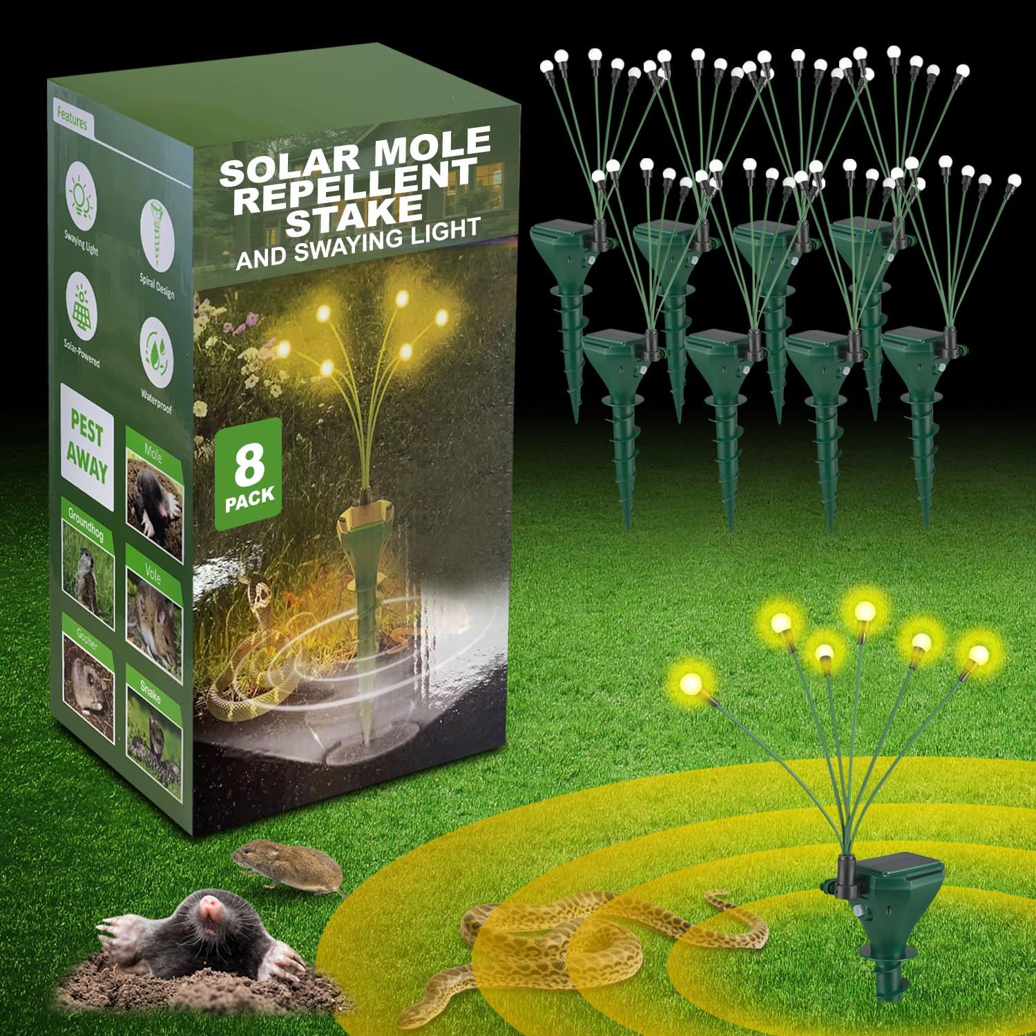 8 Pack Solar Mole Repellent Stakes for Lawn - Gopher Deterrent with Firefly LED Lights, Waterproof Outdoor Pest Control for Voles, Groundhogs, Snakes - Humane Pet Safe Solution