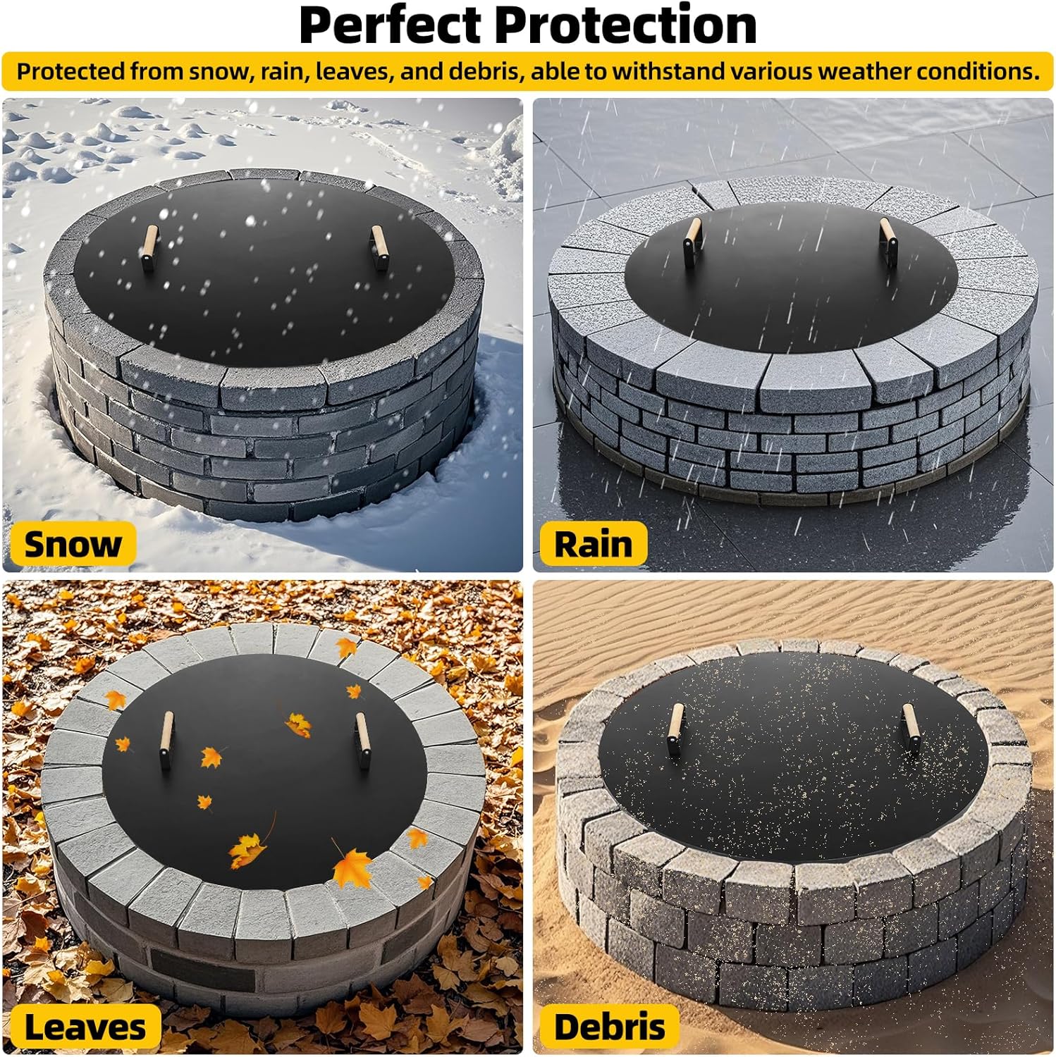 G GOOD GAIN Firepit Lid Round 38 Inch - Rust Resistant Fire Pit Lid Cover with Wooden Handle & Gloves, Fire Pit Snuffer Lid for Courtyards, Patio, Winter Cold Protection. Fits Fire Pits Up to 36