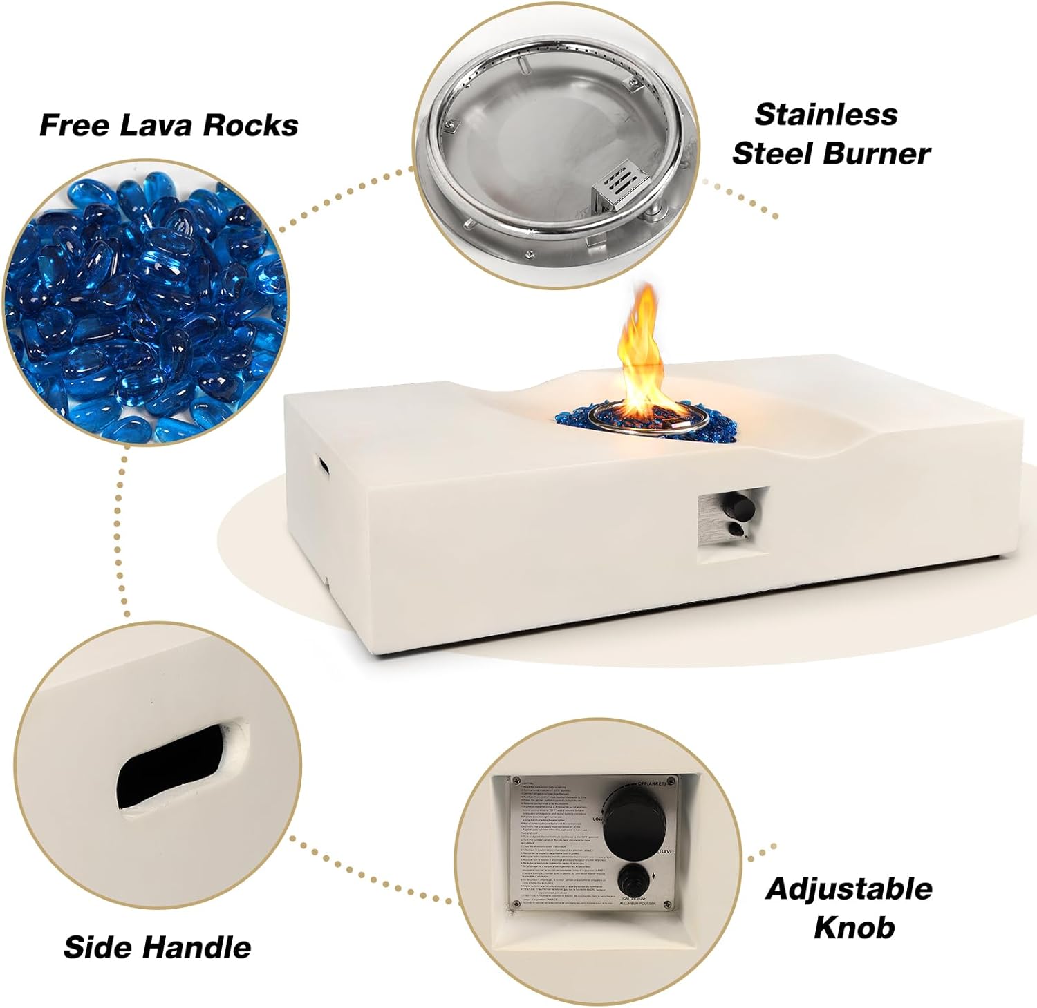 56-inch Outdoor Propane Gas Fire Pit Table Set - 2-Piece 50000 BTU Concrete Rectangular Firepits with Tank Cover, Fire Glass, Rain Cover, White Fire Table for Outside Patio, Garden Party