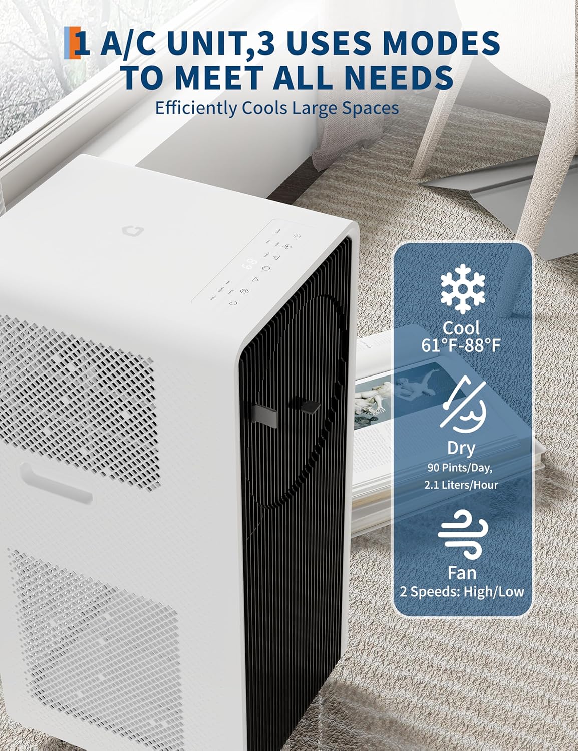 Portable Air Conditioner 14000 BTU - 3-In-1 AC Units Fast Cooling, Dehumidifying & Fan Functions, Ultra Quiet Operation with Remote Control & Window Kit, Ideal for Bedroom, Office & Living Room