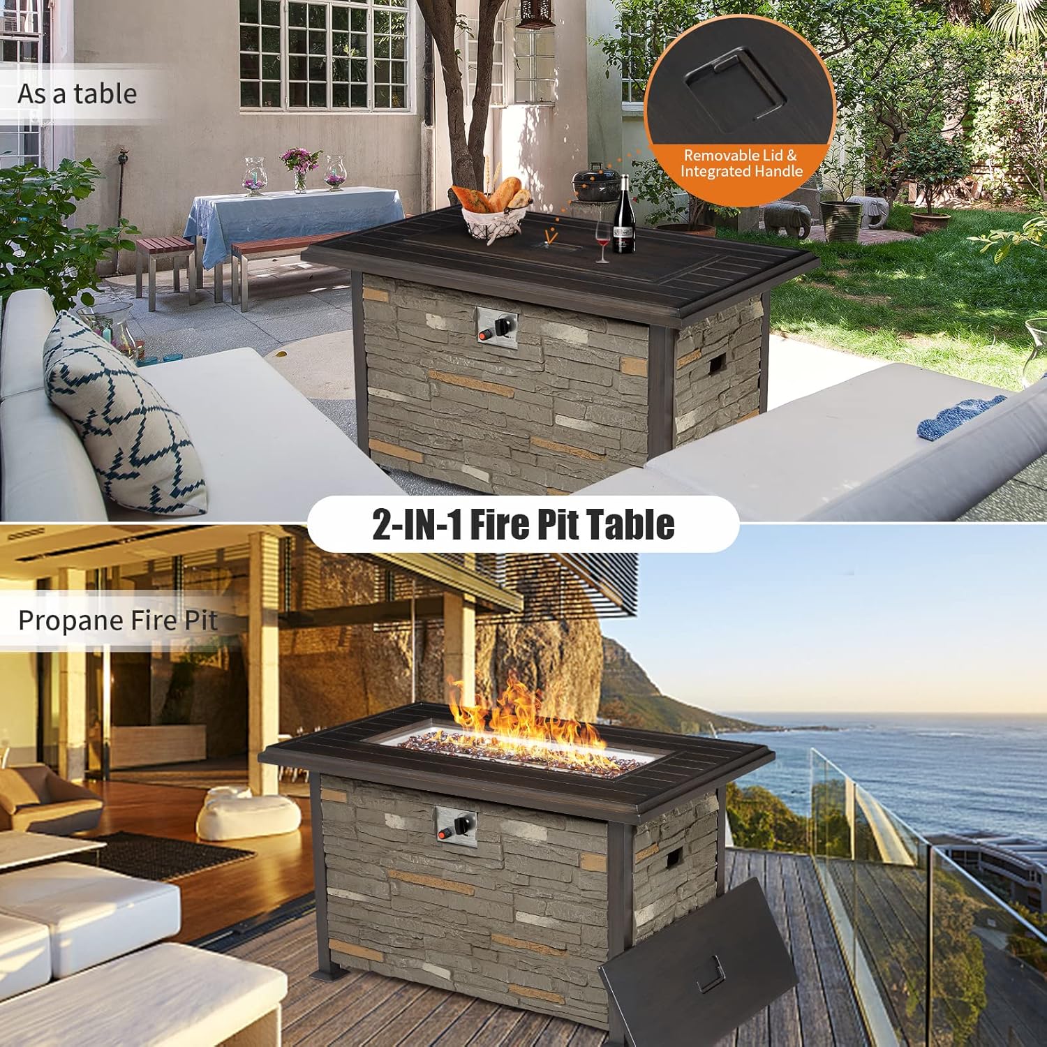 Vicluke 44 Inch Aluminum Propane Fire Pit Table w/Faux Ledgestone, Hand-Painted Table Top, 50,000 BTU Fire Table w/CSA Certification,Waterproof Cover,Glass Rock for Outdoor, Patio, Christmas(Grey)