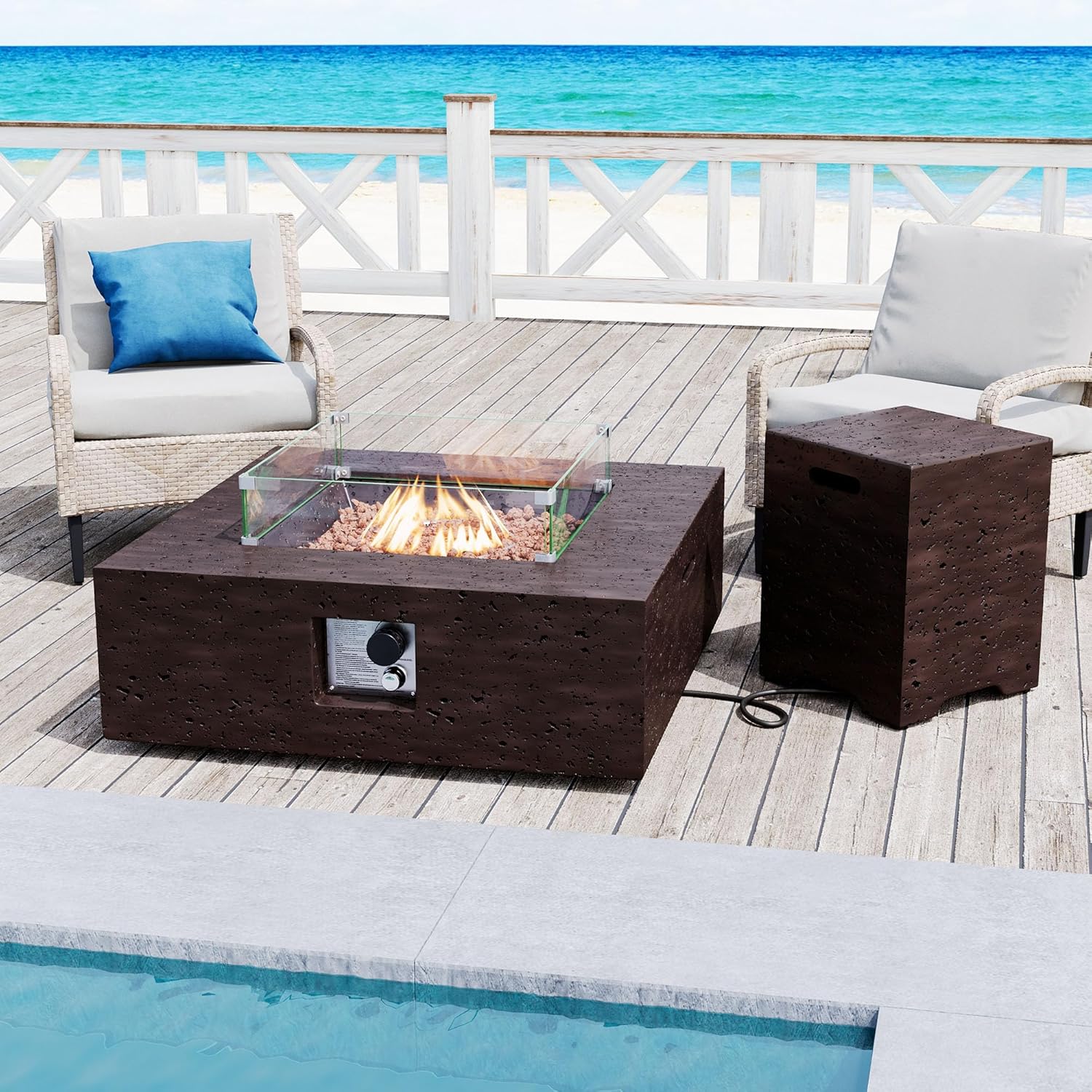 SUNBURY 35 in Square Outdoor Fire Pit, Propane Gas Patio Fire Table, 50000 BTU Firepit Table with Lava Rocks, Wind Guard, Propane Tank Cover, Waterproof Cover (Dark Brown)