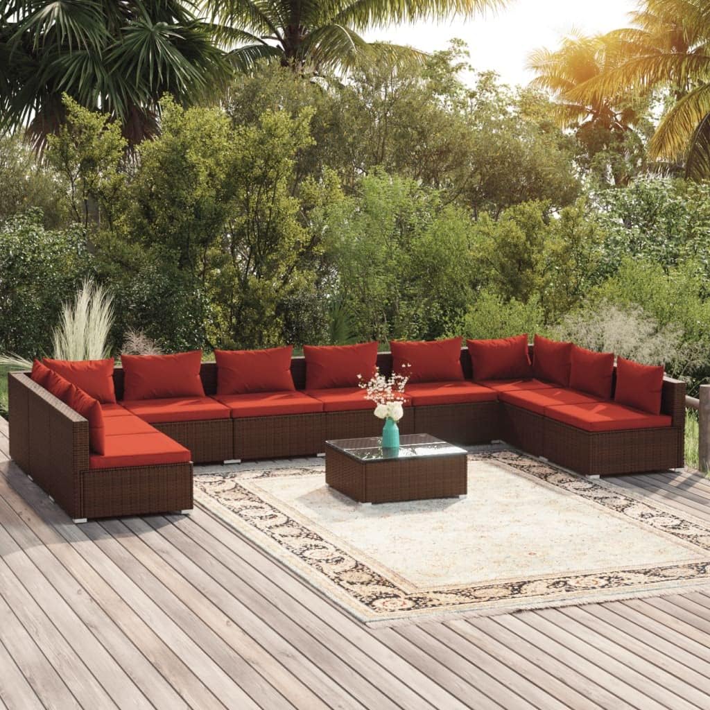 11 Piece Patio Lounge Set with Cushions Poly Rattan Brown,Poly Rattan Patio Lounge Set with Cushions: Modular Design, WaterResistant, and Durable for Outdoor Use Patio Furniture, Outdoor Furniture Set