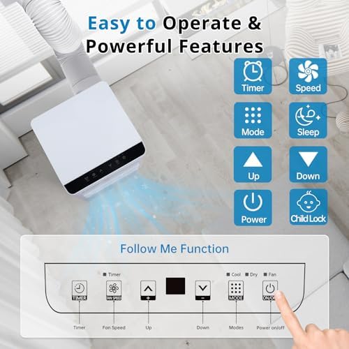 8000 BTU White Portable Air Conditioner – 3-in-1 Cooling AC, Fan & Dehumidifier with Remote, 24H Timer and Sleep Mode,Child Lock, Ideal for Rooms up to 300 sq.ft