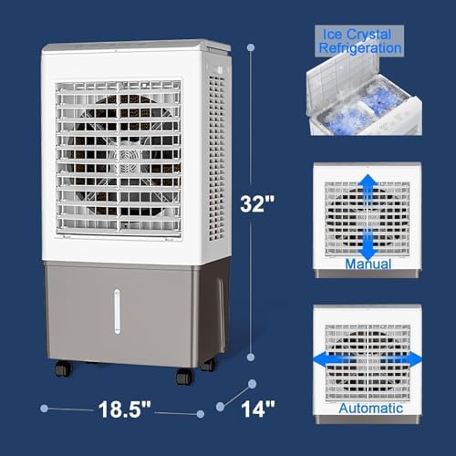 Swamp Cooler Air Conditioners, 110V Large Tank for 3D Cooling, Portable Evaporative Cooler with LED Touch Screen, 3 Fan Speeds, 12H Timer & Remote, air Cooler for Bedroom(18.5x14x32inch)