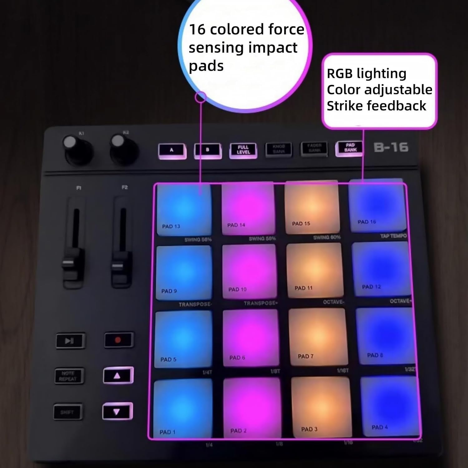 MIDI Strike Pad Controller with 16 Beat Pads Force Sensing RGB Light Anti-Theft Lock Hole Lock Slot Design