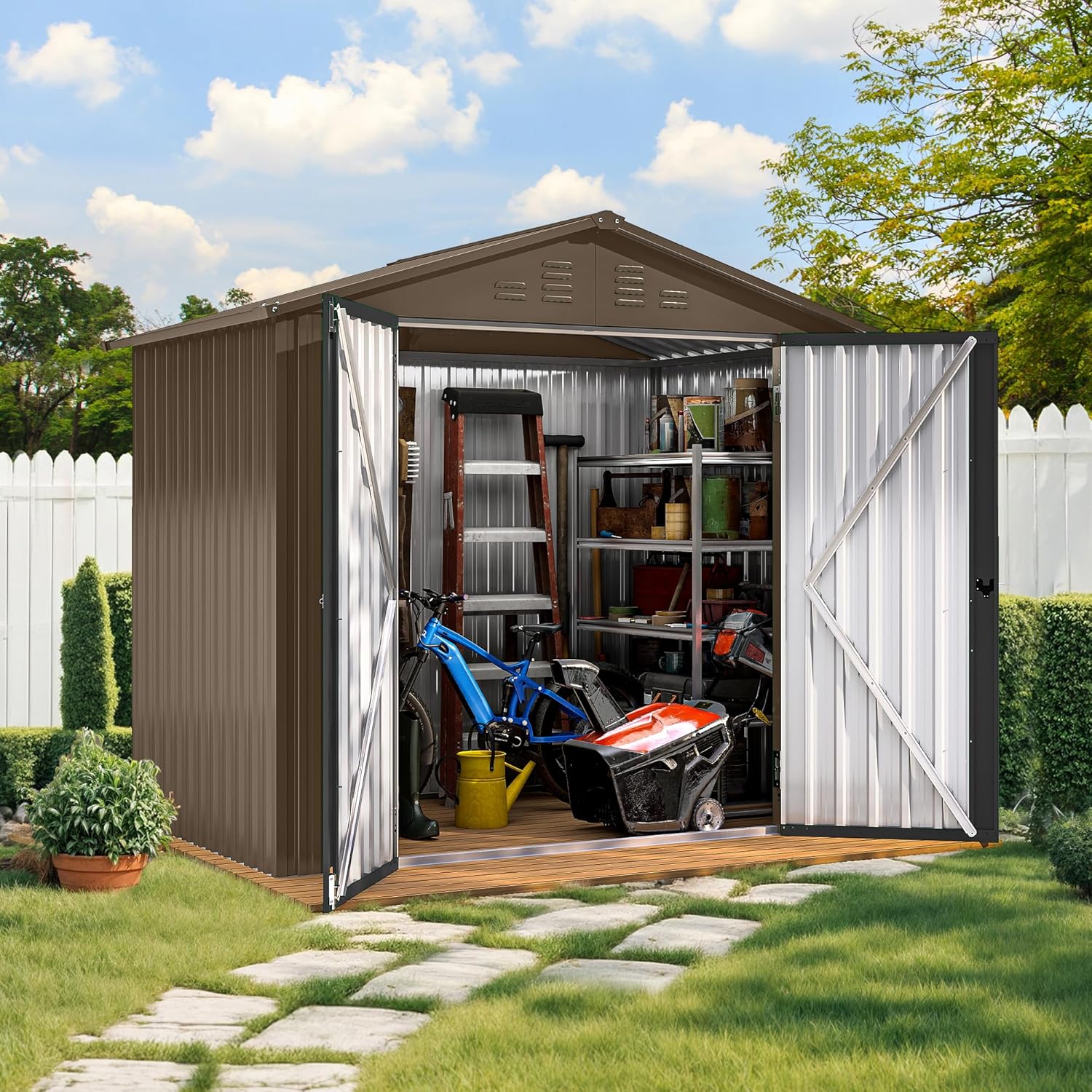 DWVO 6x4ft Storage Shed for Outdoors, Metal Sturdy Weatherproof Tool Locker with Secure Door and Ventilation for Equipment, Mowers, Bikes, Outdoor Spaces, Brown