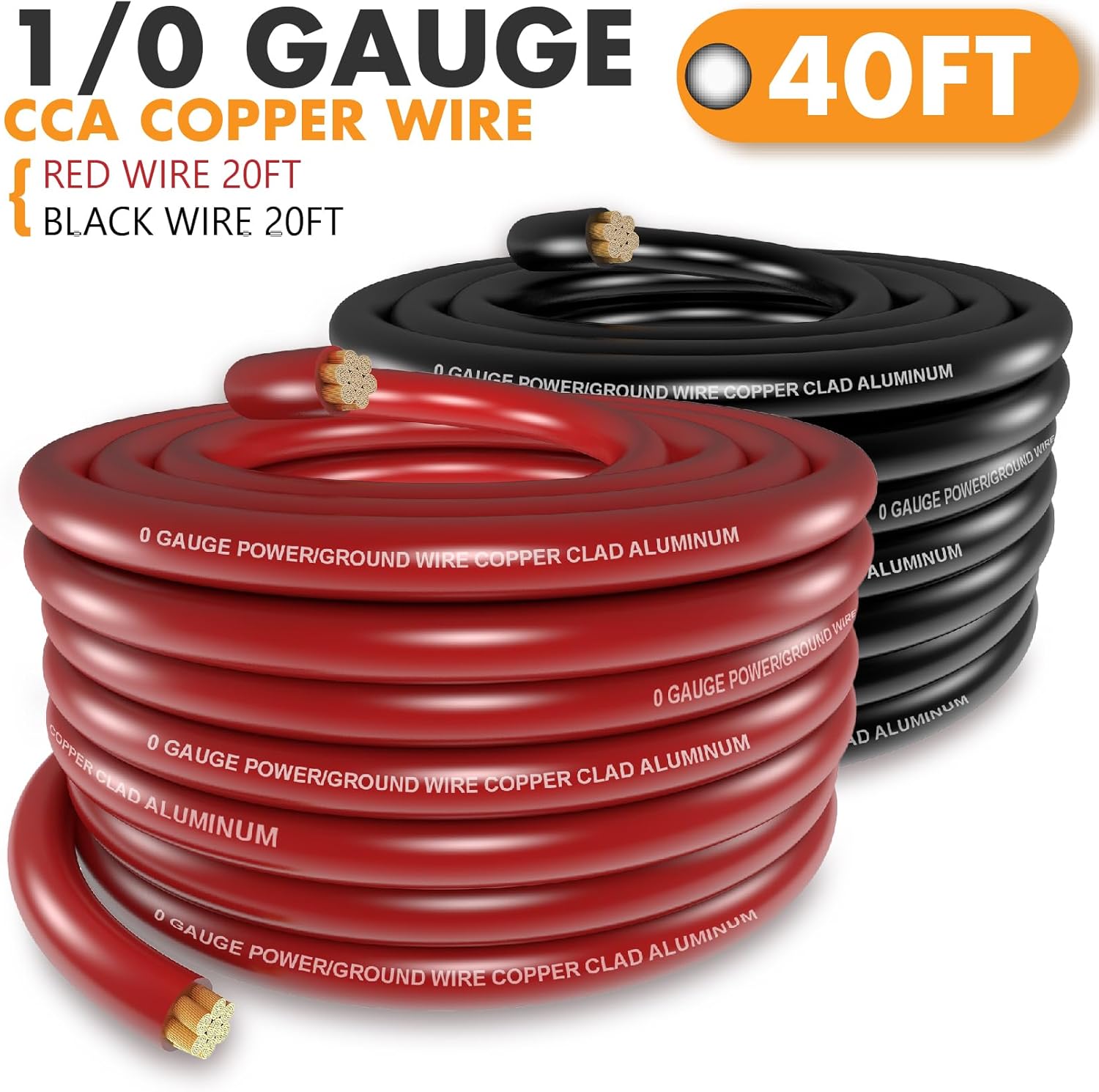 Jeemiter 1/0 Gauge CCA Wire Kit - 20ft Red & 20ft Black with Free Wire Cutter | Car Amplifier Power & Ground Cable for Big 3 Upgrade, Solar, RV