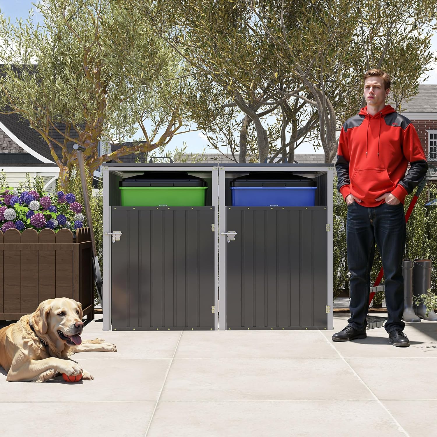 Garbage Bin Storage Shed for 2 Trash Cans, 54 Cu Ft Outdoor Metal Trash Can Enclosure, Galvanized Steel Utility Shed for Garden, Yard, Lawn, Snow Prevention，Easy Assembly (Dark Gray, 2 Doors)