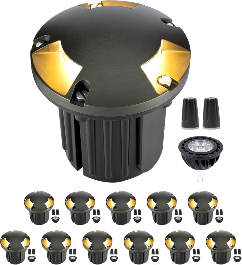 Gardenreet Solid Brass Well Light - 12V Low Voltage All Weather In-Ground LED Landscape Lighting, Replaceable Bulb Fixture, Antique Bronze for Patio Backyard Pathway with 2700K Warm White MR16 Bulb