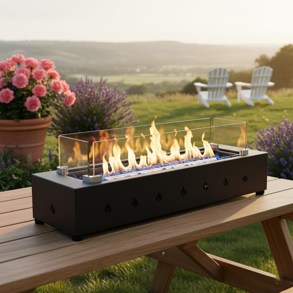 Stylish 28in Rectangular Fire Pit 40000BTU Steel Body for Year-Round Outdoor Use with Glass Rock Interior and Wind Shield