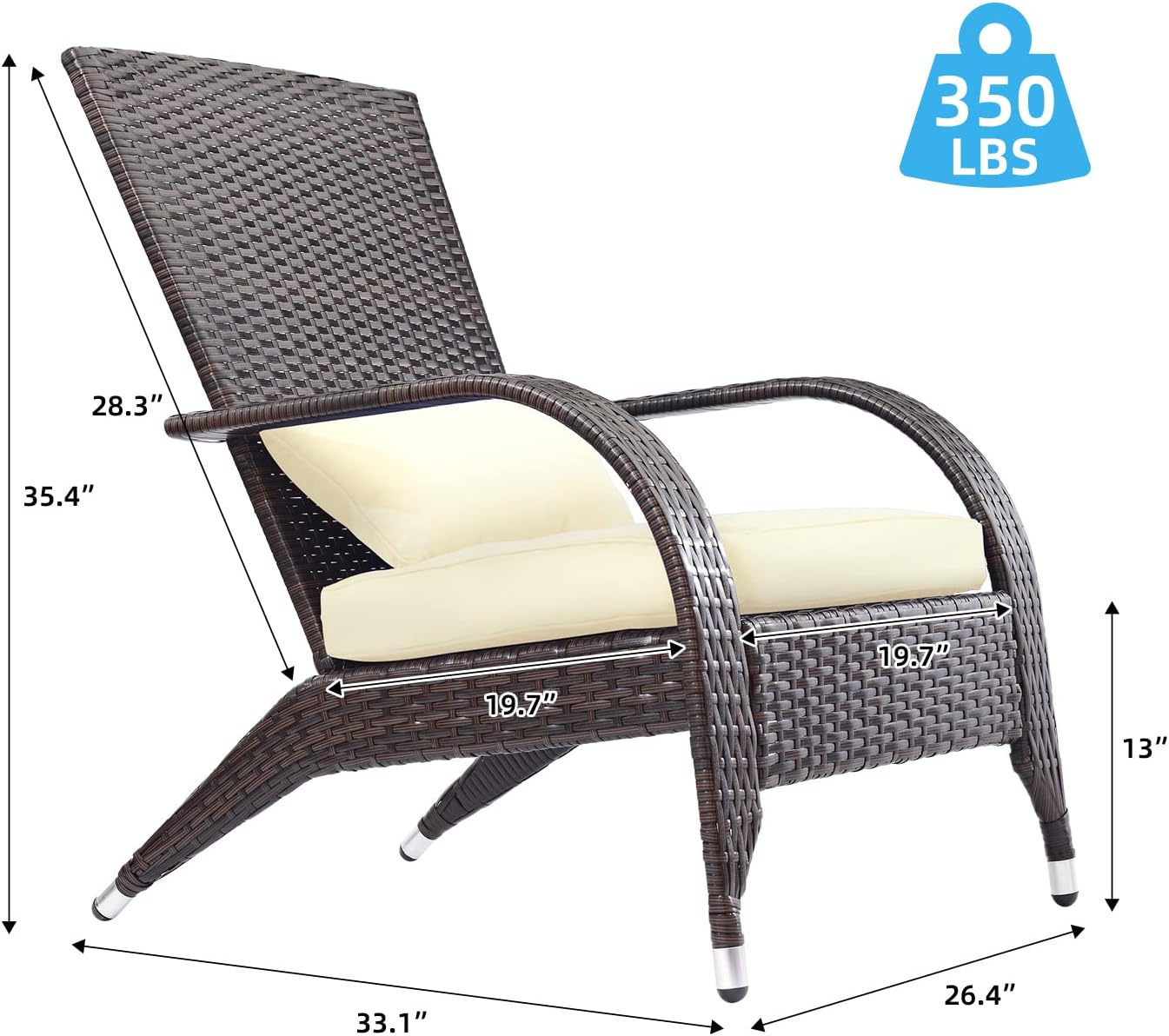 Outdoor Patio Wicker Adirondack Chair Outside Fire Pit Chairs Oversized Comfy Coconino Rattan Armchair Low Deep Seating High Back with Cushion and Pillow for Porch Deck Balcony Lawn Backyard Cream