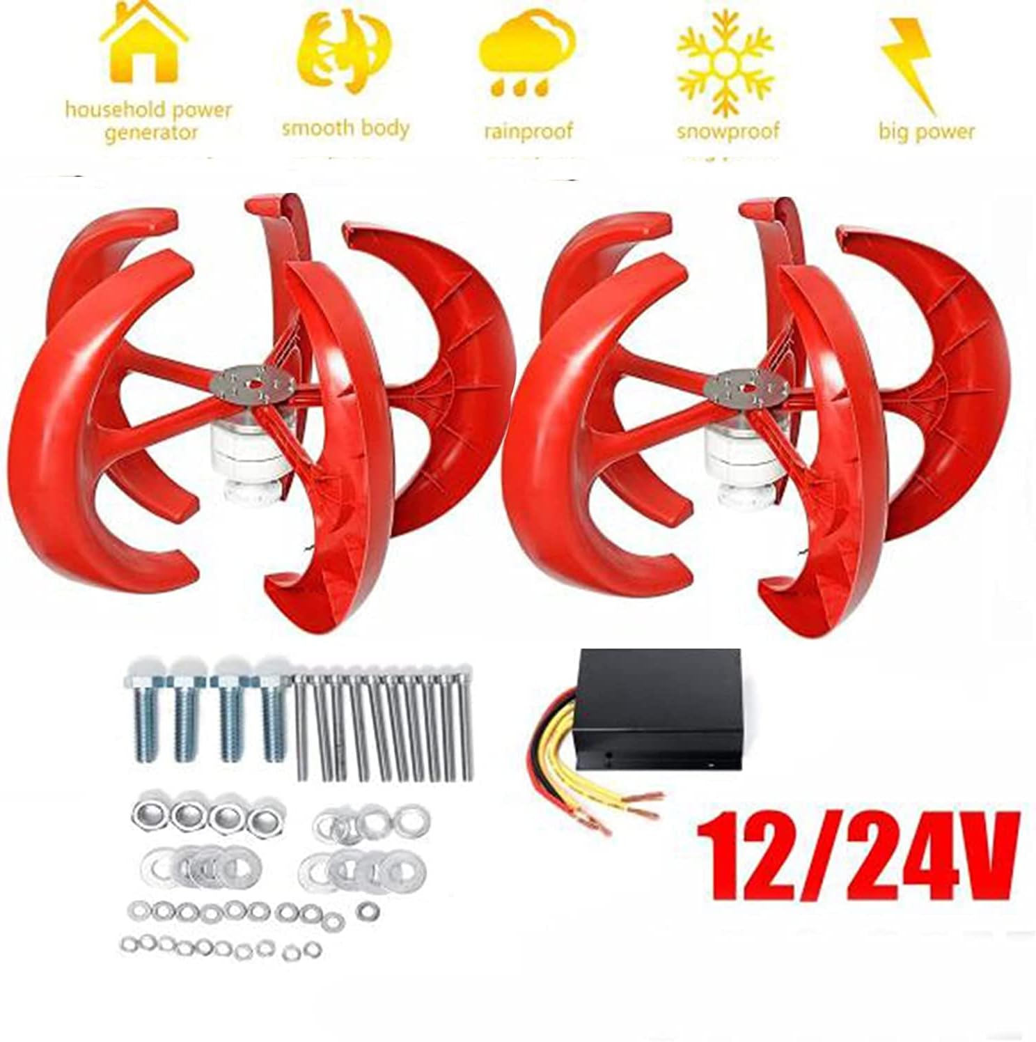 Energy Vertical Wind Turbine,5000W 12V 24V 48V Low Wind Speed Start Vertical Axies Wind Generator with Controller (Red)