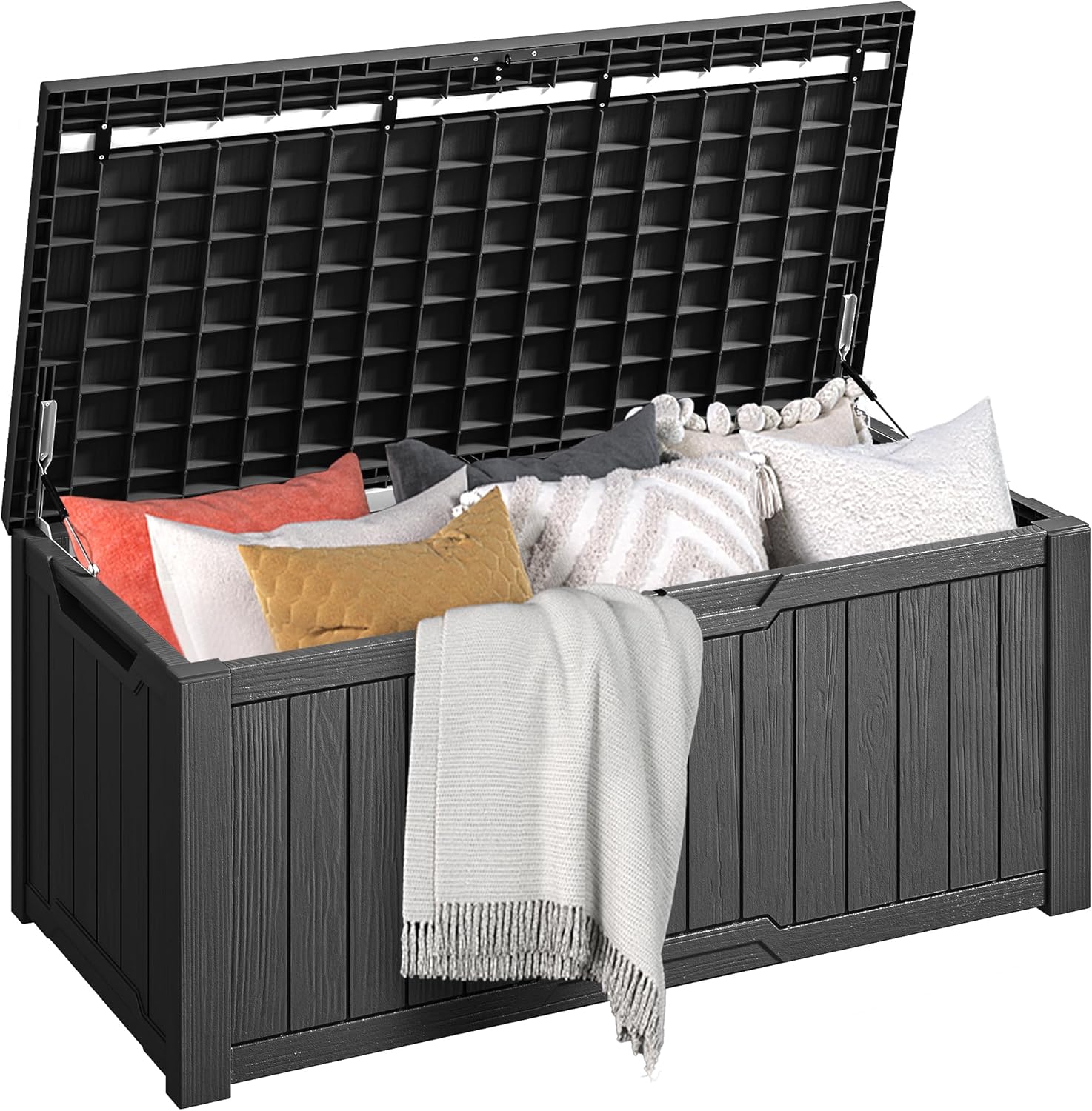 DWVO 120 Gallon Outdoor Storage Box, Large Lockable Resin Deck Box, Waterproof Patio Storage Box for Tools, Cushions, Supplies - Black