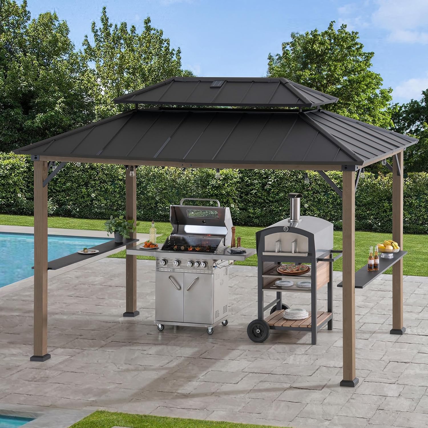 Sunjoy Wooden Grill Gazebo, 8 x 12 ft. Steel Hardtop Gazebo with Solar Power for Year-Round Grilling - 2 Full Size Grills, Griddles or Smokers - Outdoor Cooking Shelter for Backyard BBQs Party, Brown