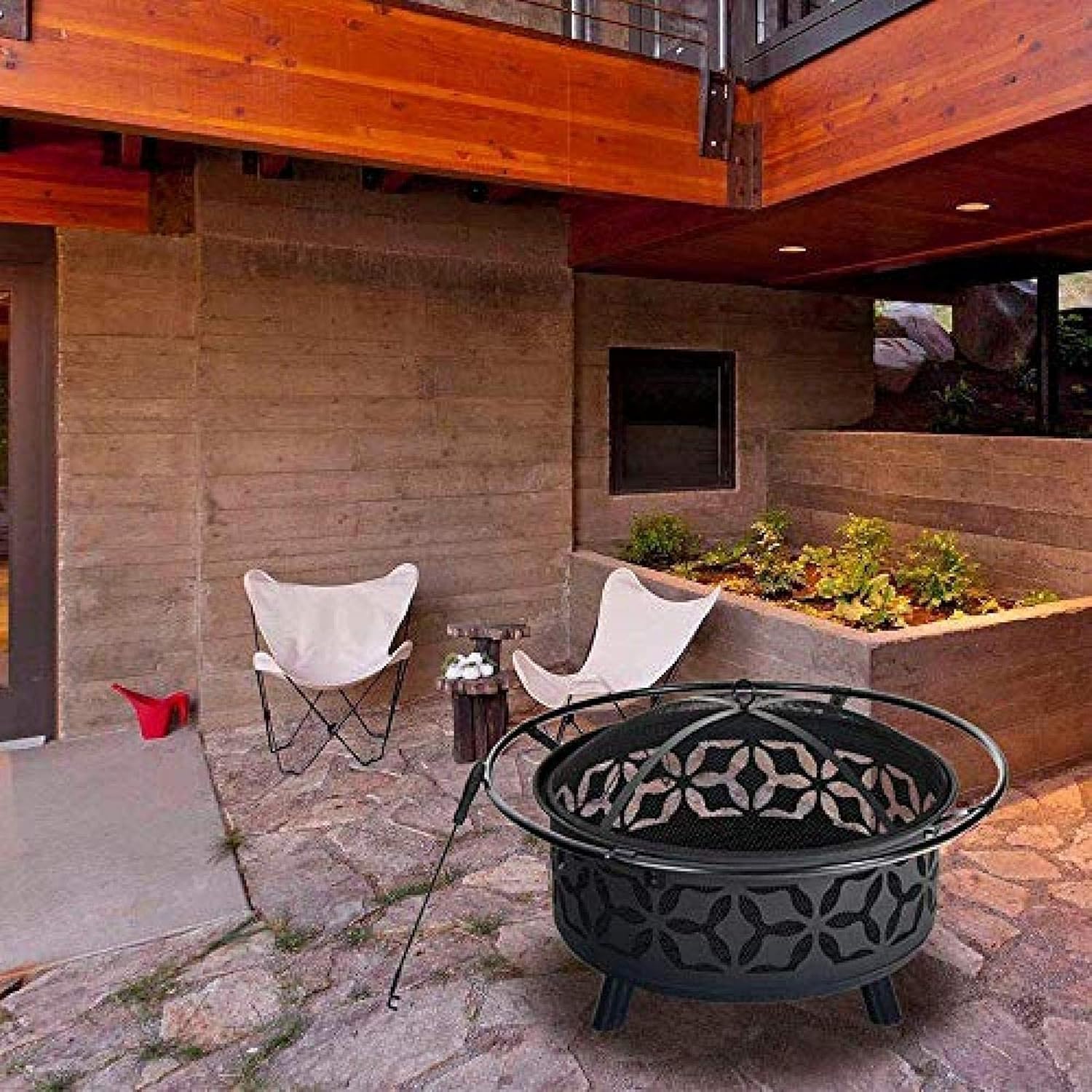 Fire Pit BBQ Grill Fire Bowl Wood Burning Patio Pit and Outdoor Backyard Pit with Spark Screen and Round Fireplace Cover Large 29 Inch