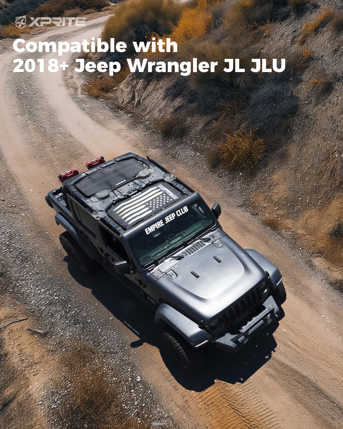 Xprite US Flag Sunshade for 2018-2025 Jeep Wrangler JL 4XE, 4-Door Front & Rear Sun Shade Mesh Top, 2PCS UV/Wind/Noise Blocker, Bikini Top Cover for Off-Road Jeep Accessories