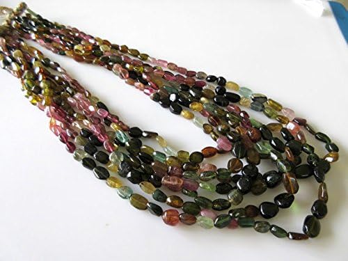 Multi Layered Tourmaline Necklace, Green Pink Tourmaline Smooth Oval Beads, 5mm To 9mm Each, 7 Strands 16 Inches