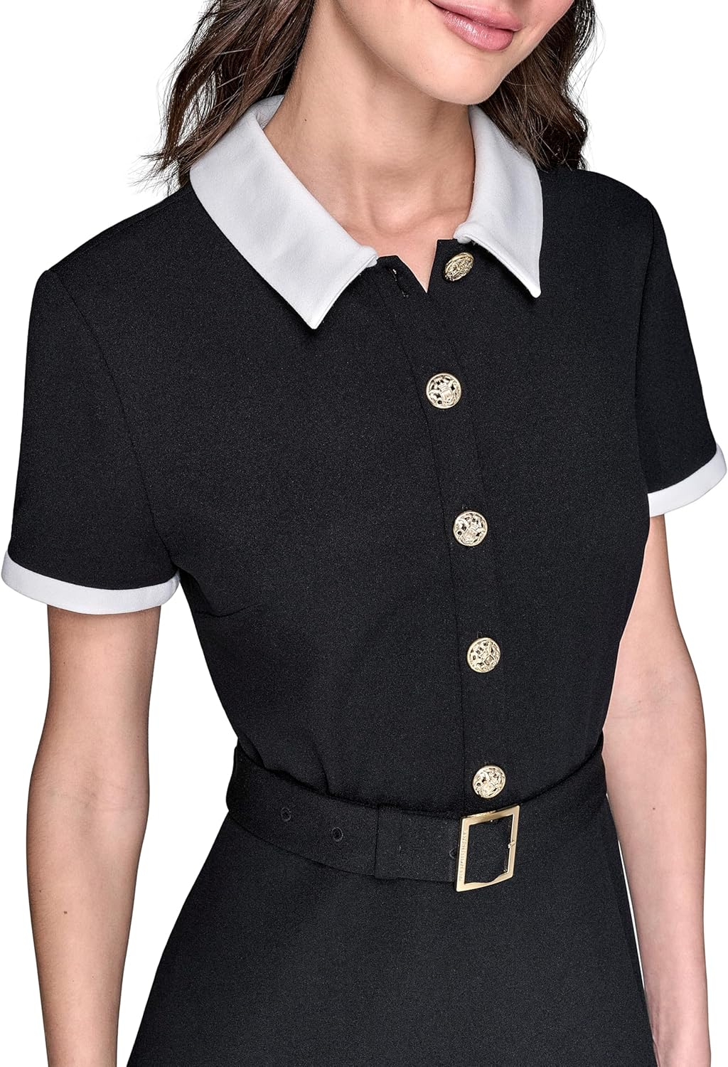 Karl Lagerfeld Womens Contrast Collar and Sleeve Trim Midi Dress