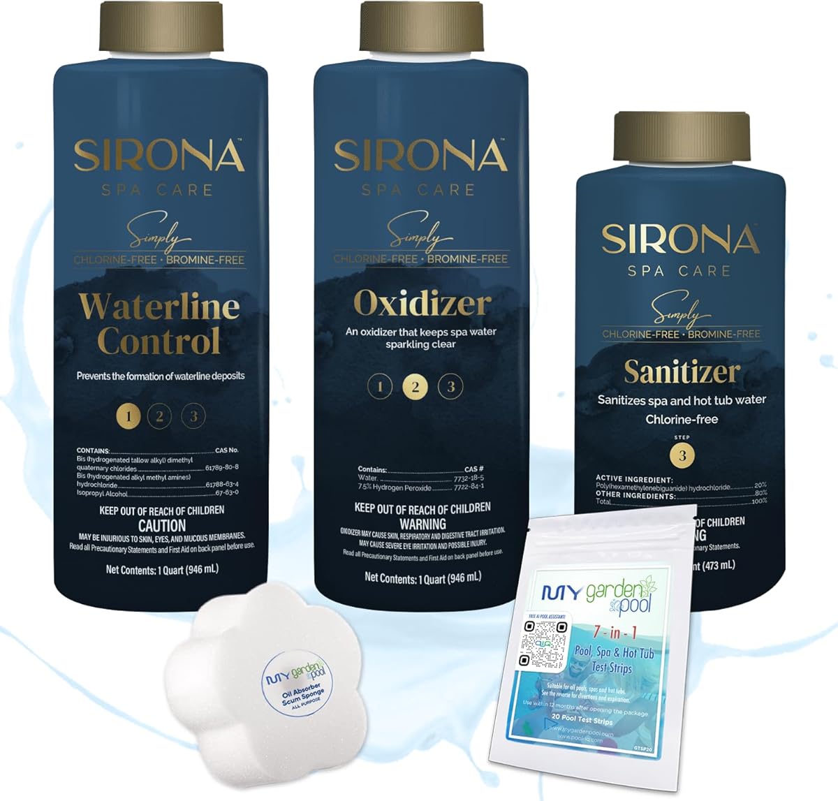 Sirona Simply Hot Tub Care Kit: Waterline Cleaner, Oxidizer, Non-Chlorine Sanitizer with My Garden Pool 20 Ct. Test Strips & Scum Sponge Flower Oil-Absorbing Sponge for Hot Tubs and Pools