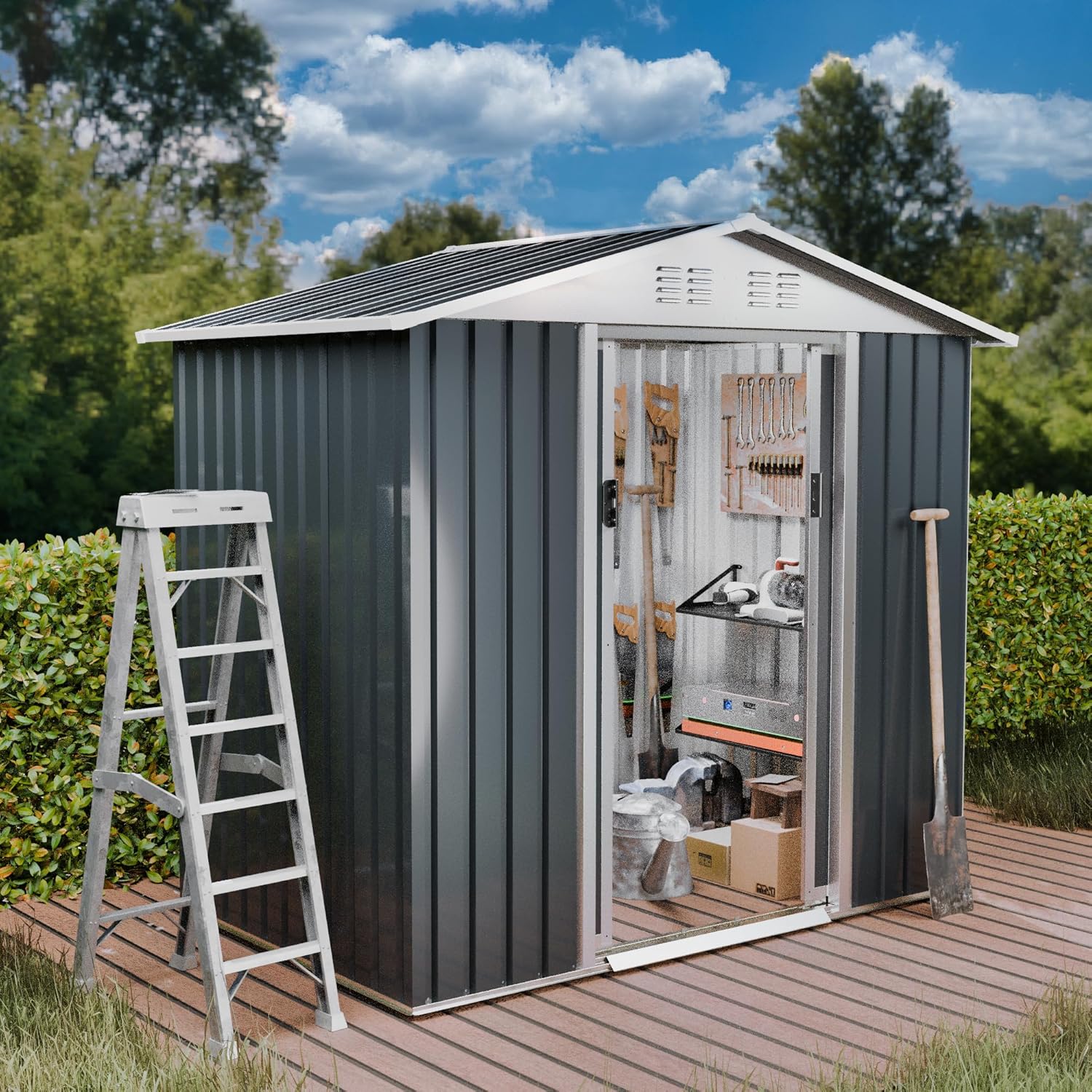 Outdoor Sheds 6FT x 4FT Outdoor Storage, Metal Anti-Corrosion Utility Tool House with Lockable Door & Shutter Vents，Outdoor Waterproof Garden Tool Metal Storage Sheds（Grey）