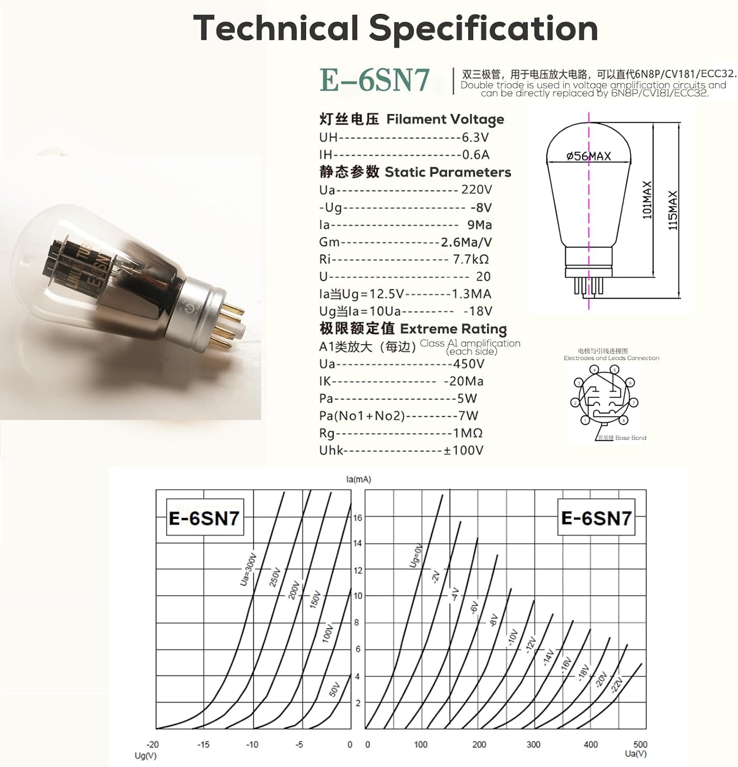 LINLAI 6SN7 1 Pair Free Matching Vacuum Tube for Hifi Audio Amplifier (E6SN7)