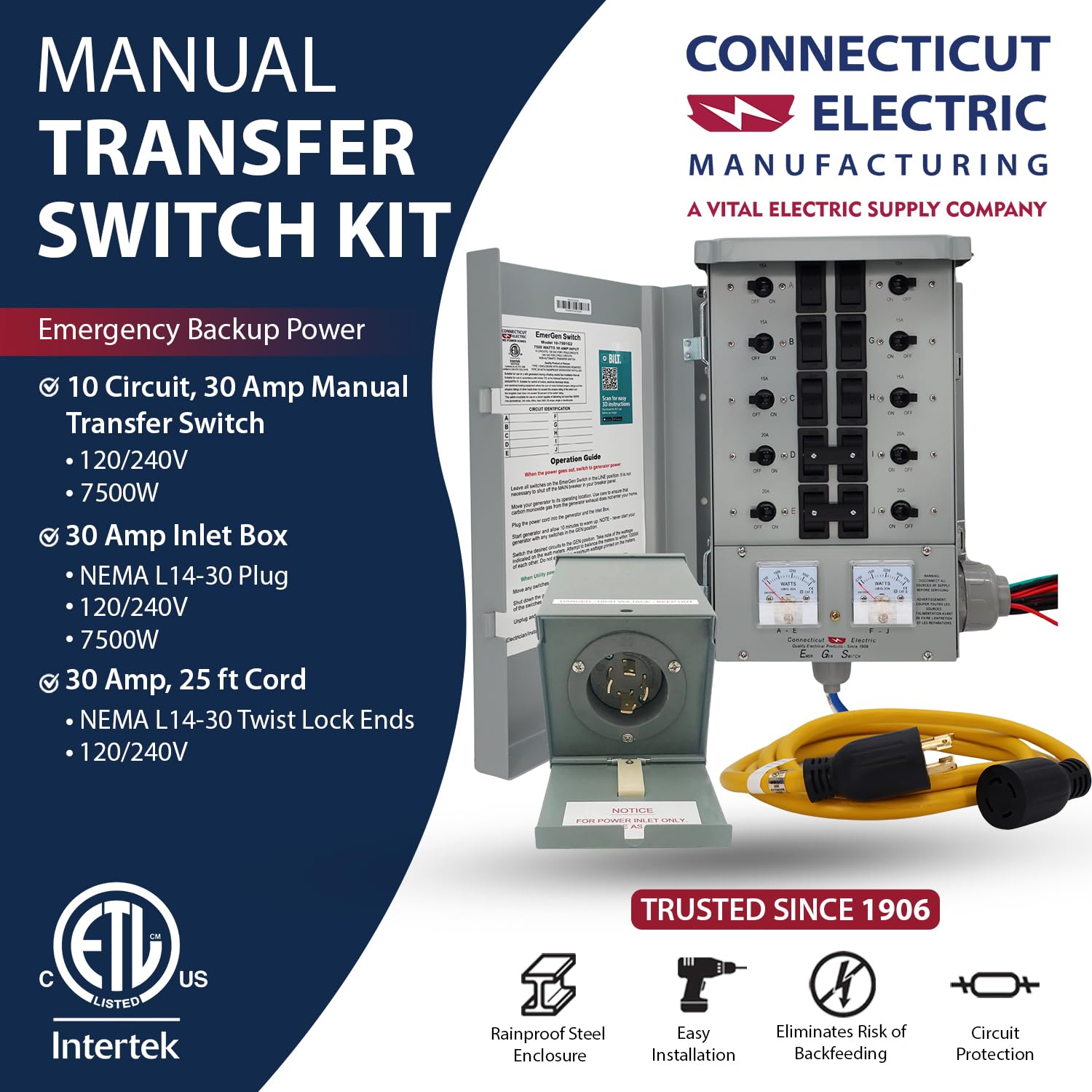 Connecticut Electric EmerGen Manual Transfer Switch Kit 30 Amp, 25 Foot Cord, 10-Circuit, 7500 Watts, EGS107501G2K25 for Portable Generator (with 25 FT Generator Cord)