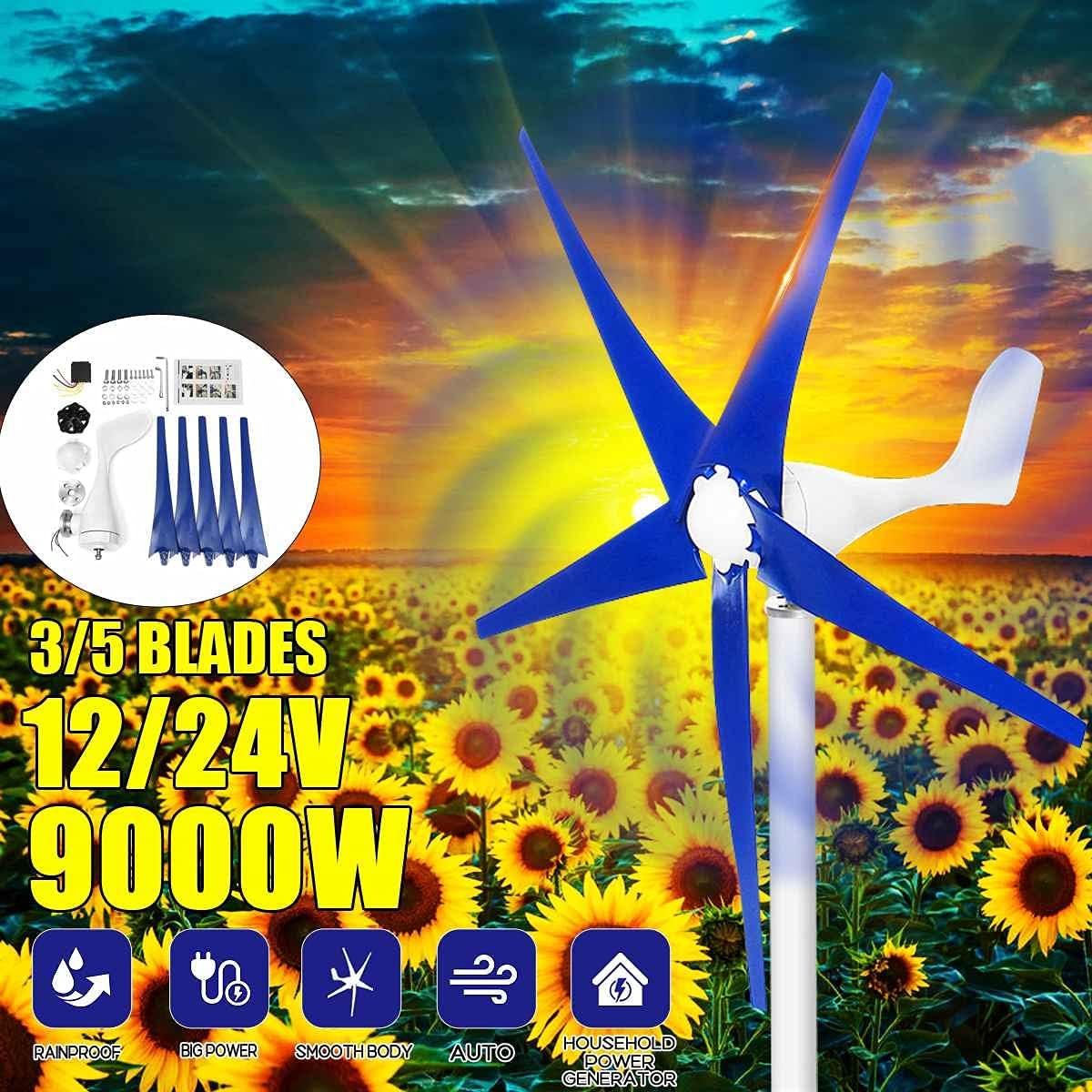 9000W 3/5Blade Horizontal Wind Generator 12/24V Wind Turbines Generator Windmill Energy Turbines Charge with Controller for Camp