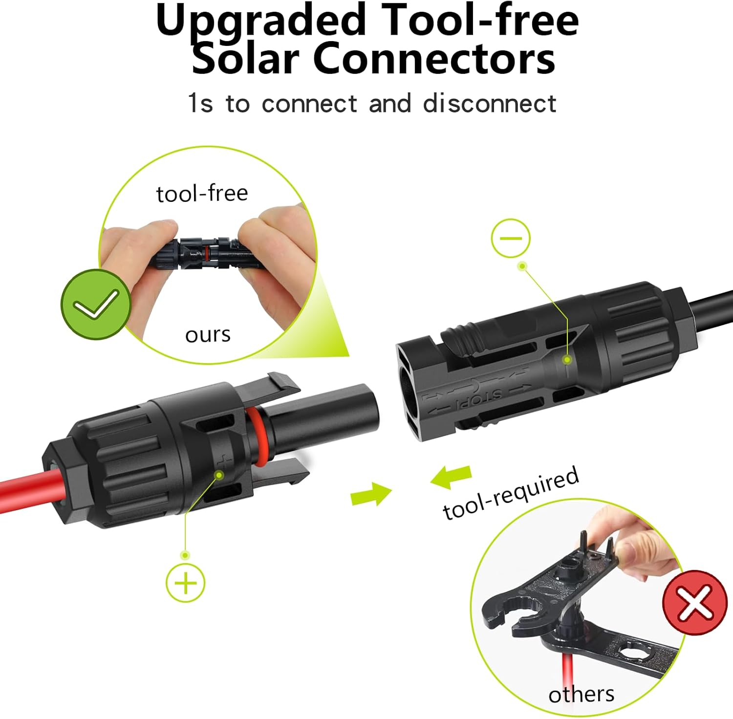 Solar Cable Extension 50Ft 10AWG, Solar Wire with Tool-Free Solar Connectors, Waterproof Solar Panel Extension Cable 6mm², PV Cable 10Gauge for Home Boat RV Solar Panels(50ft)