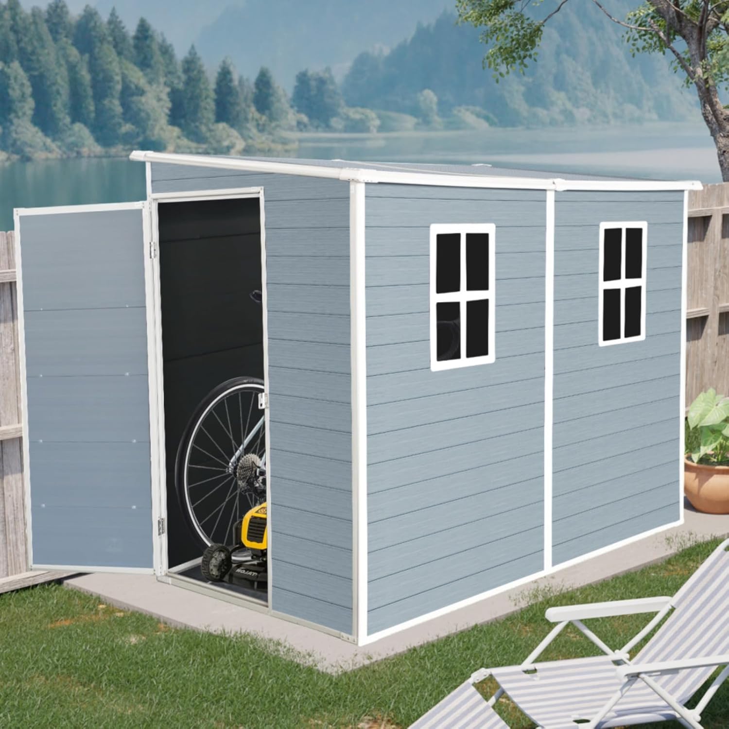 4x8ft Outdoor Storage Shed with Floor Resin with Two Window,Waterproof,Garden Tool Storage shed House with Lockable Doors for Patio,Yard,Lawn (Grey)