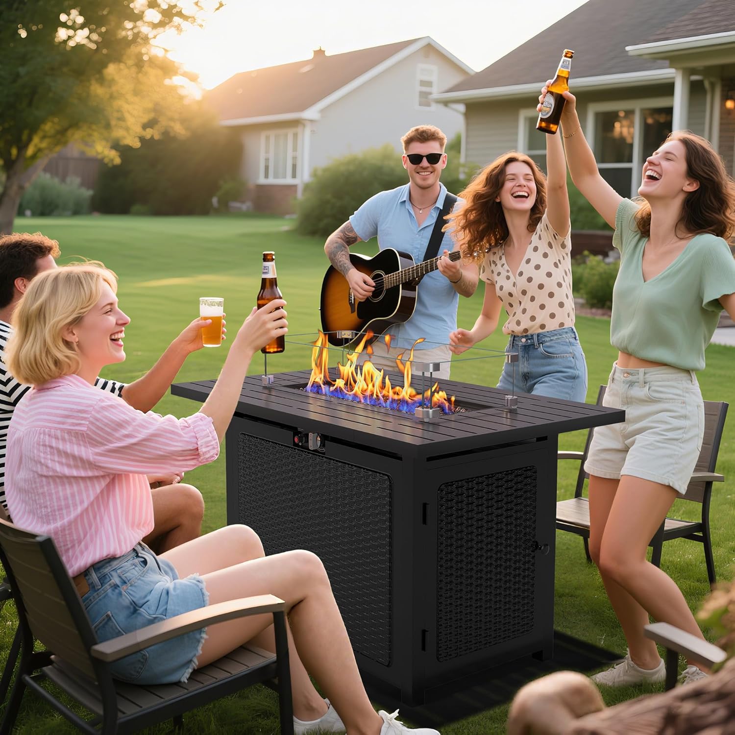 43” Outdoor Propane Fire Table Set with Heavy-Duty Glass Stones, Glass Wind Guard, Lid & Water-Resistant Cover, 50,000 BTU Metal Fire Pit Table, Rectangle Fire Pit Table for Patio, Deck