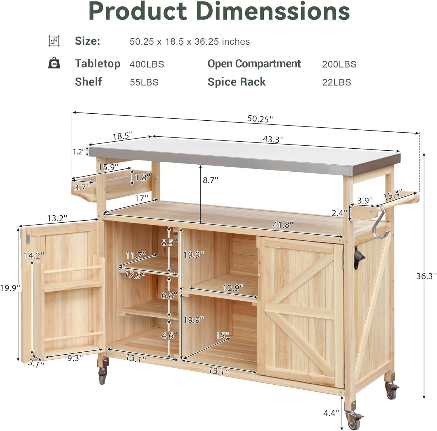 LUMISOL Outdoor Kitchen Island with Stainless Steel Top & Storage Cabinet, Farmhouse Solid Wood Grill Table with Internal Storage Rack, Outdoor Bar Cart with Spice & Towel Rack, Natural