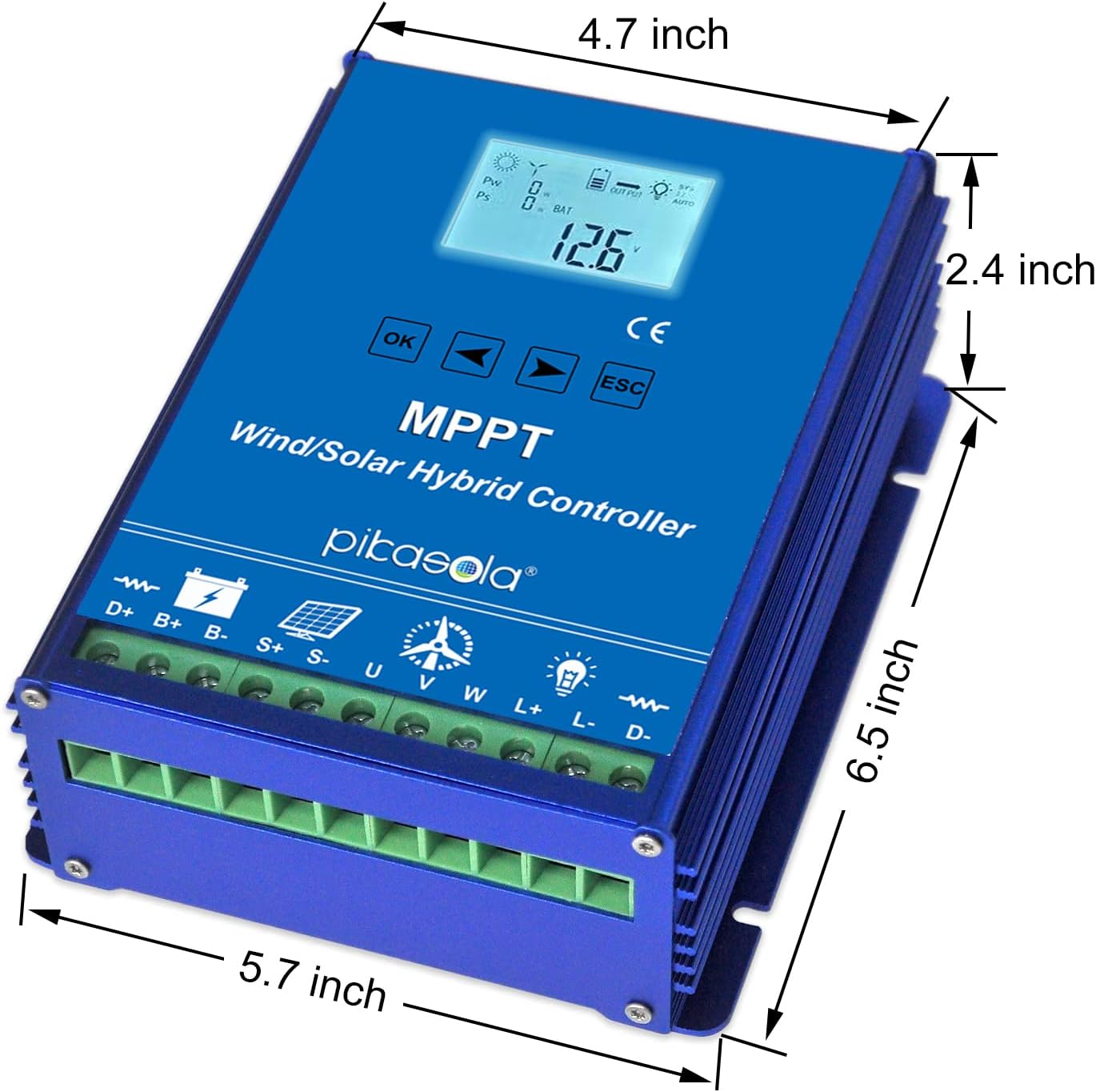PIKASOLA 1400W Off Grid with Unloader Hybrid Wind Solar Controller Auto 12/24V Battery MPPT Charge Boost Float of max 800w Wind Turbine Generator 600w Solar Panel Home Street Light Controller