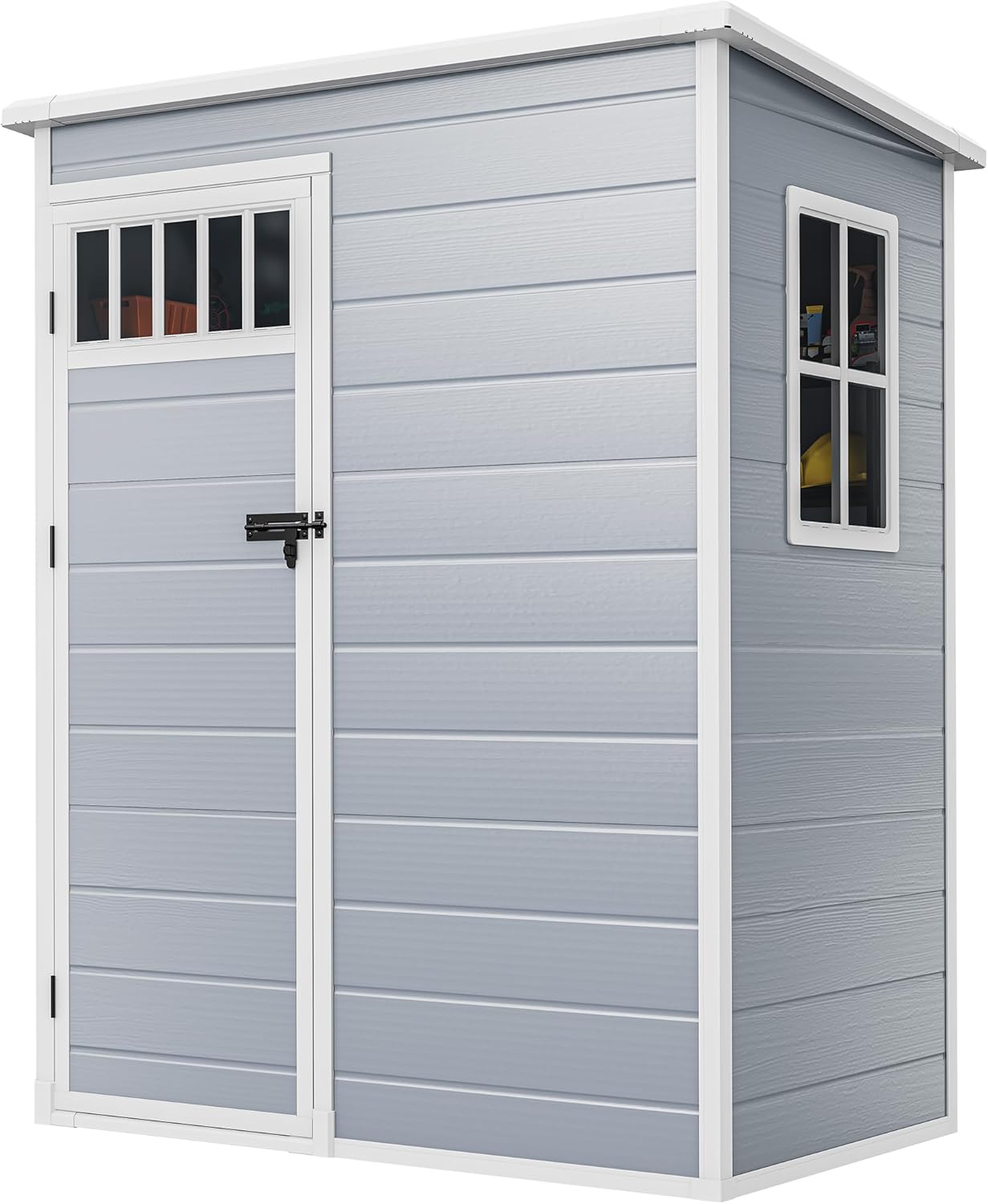 DWVO 5x3FT Outdoor Storage Shed with Fence-Style and Side Windows, Floor, Lockable Doors, Plastic Storage Shed for Backyard and Garden, Gray