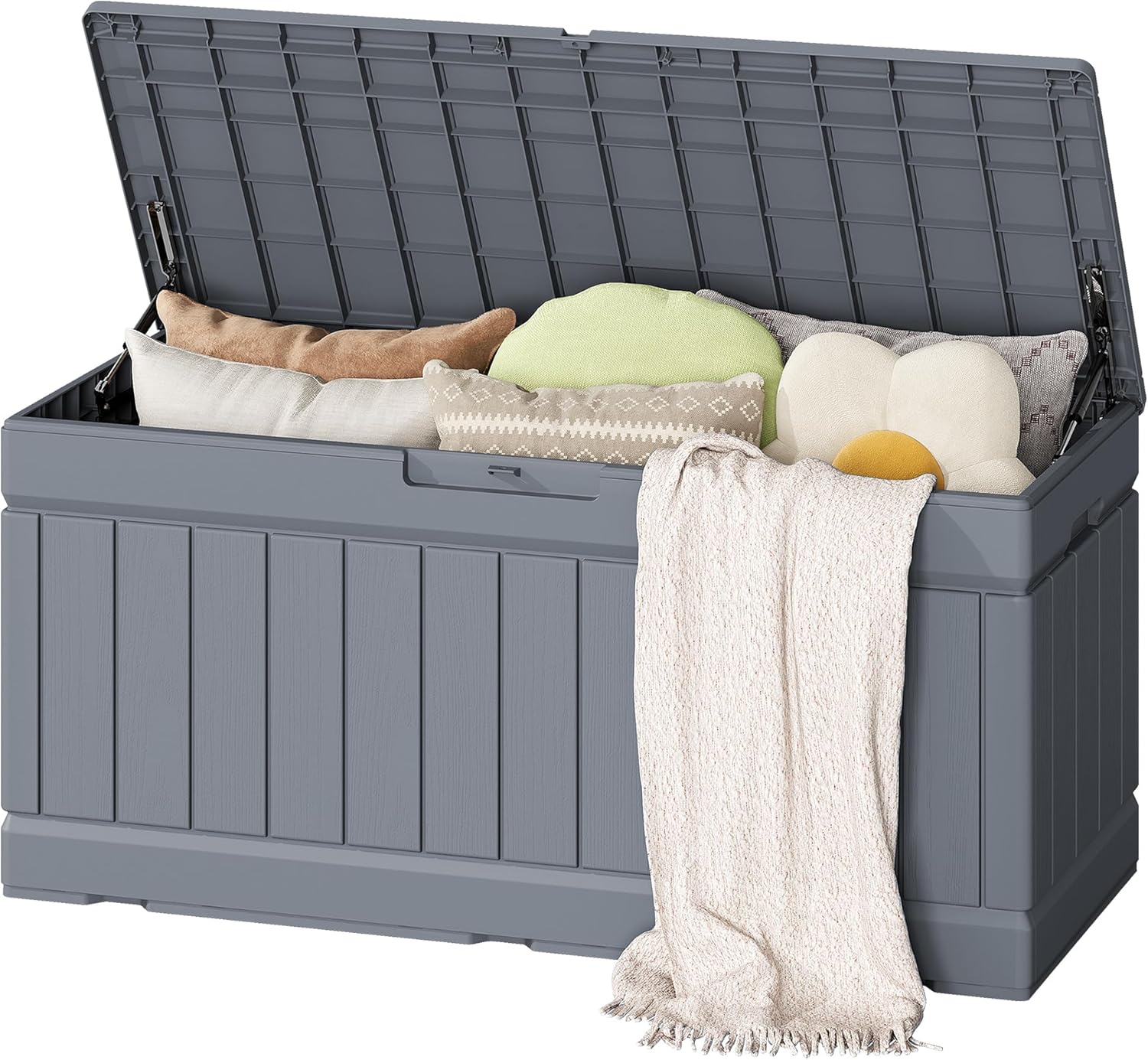 Flamaker Outdoor Storage Box 80 Gallon Resin Waterproof Deck Box Delivery Box with Wood Texture Large Storage Bin for Patio Cushions, (Grey)