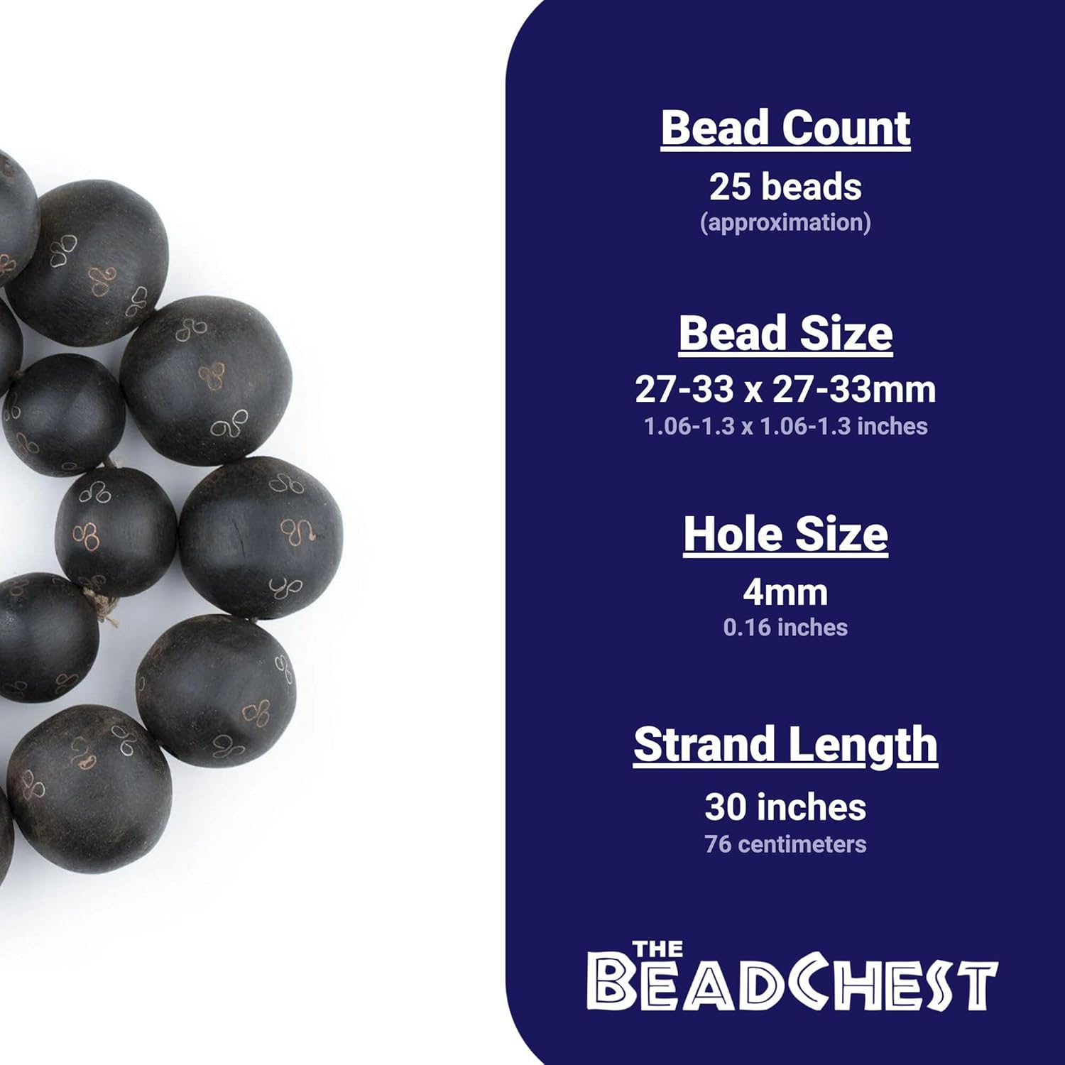 The Bead Chest Jumbo Round Inlaid Mali Ebony Wood Beads 30mm African Black Large Hole 30 Inch Strand Handmade