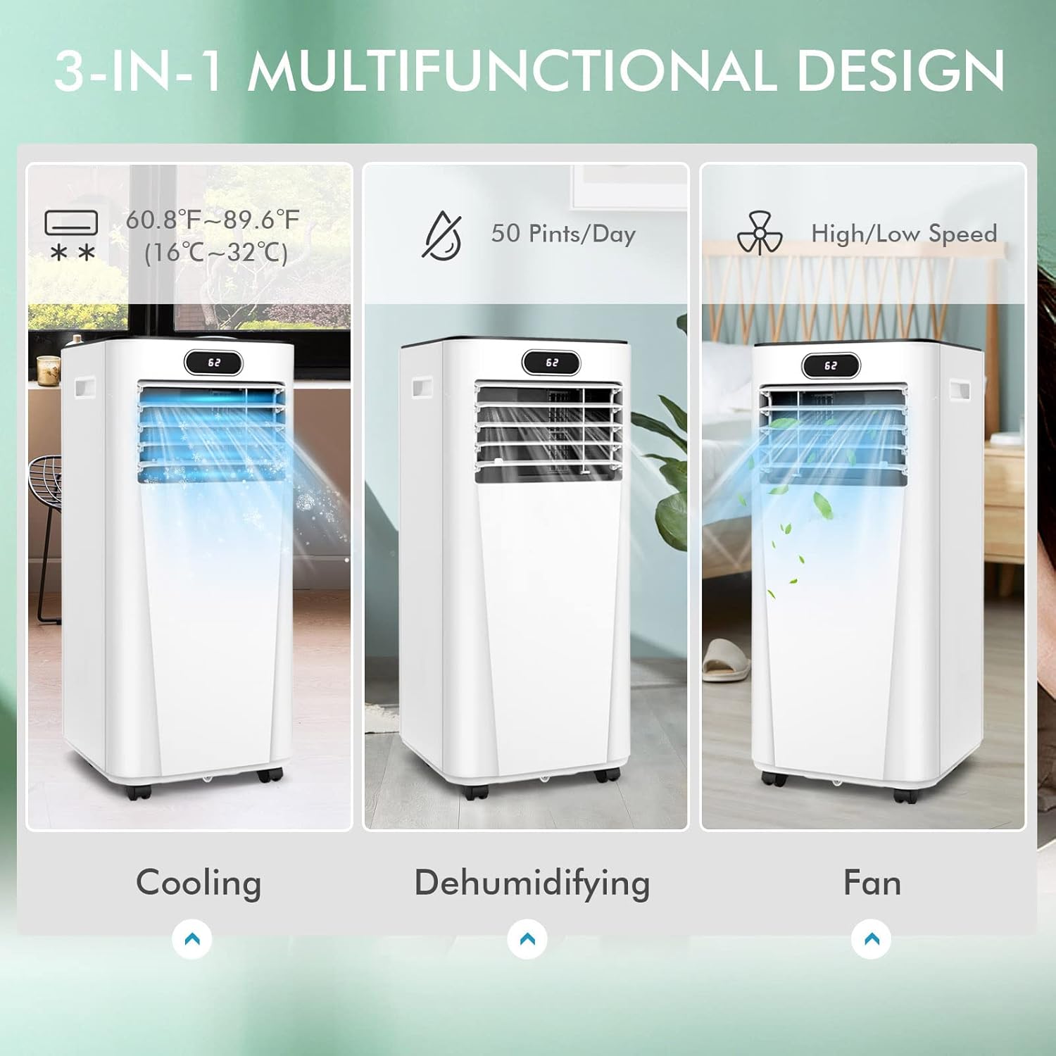 GOFLAME 10000BTU Portable Air Conditioner, 3-IN-1 Air Cooler & Dehumidifier with Remote Control, Sleep Mode, 2 Speeds and 24H Timer, Air Cooling Fan for Home & Office, White