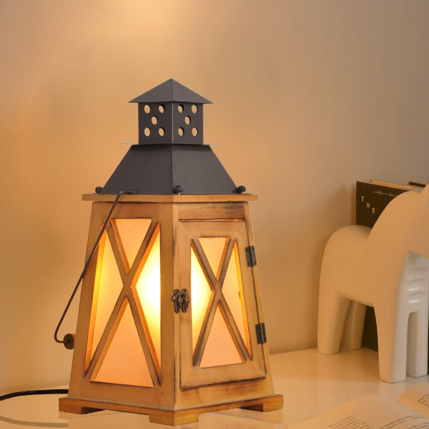 Antique Wood Electric Lantern Lights Table Lamp, Vintage Farmhouse Nautical Decorative, Bedside Night Lights Desk Lamp for Bedroom Living Room, Hanging Light Fixture for Indoor and Outdoor